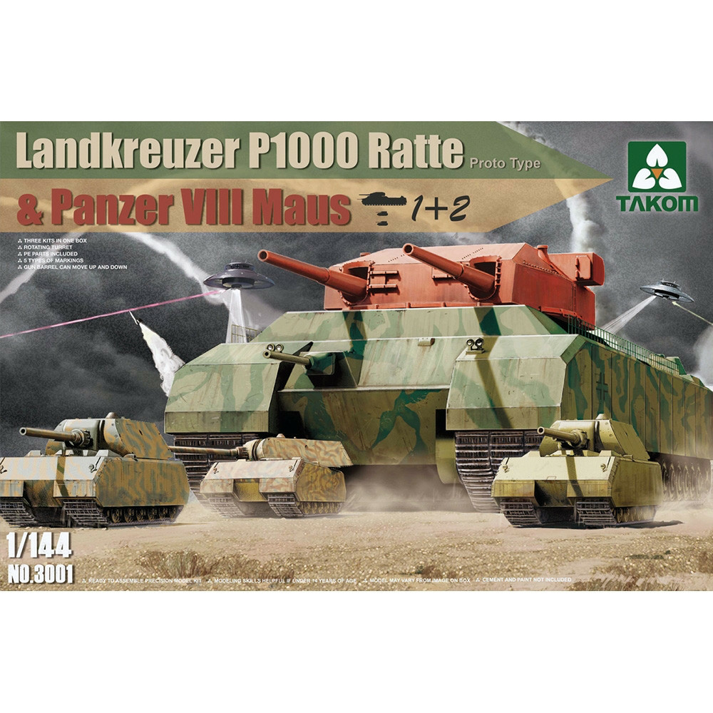 3001 Takom 1/144 Scales of the German super-heavy tank Landkreuzer P1000 Ratte (Prototype) and two German tank Maus ( WWII Heavy Battle Tank Landkreuzer P1000 Ratte[Proto type]&Panzer VIII Maus) 3 in 1