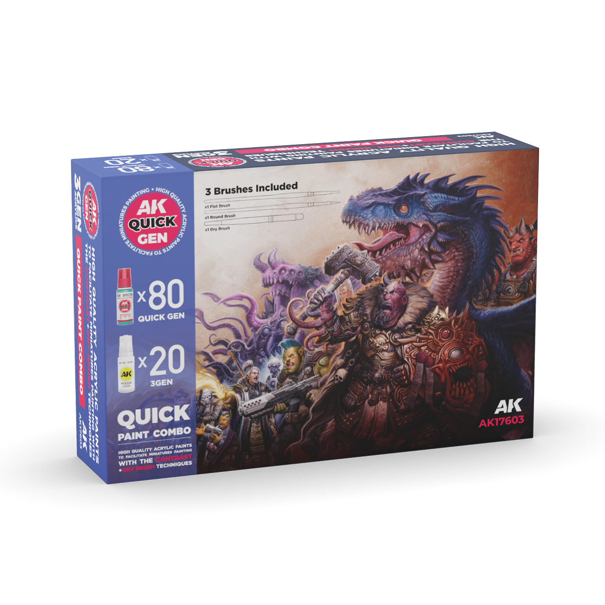 AK17603 AK Interactive Набор красок QUICK GEN - 100 цветов / QUICK PAINT COMBO-100 COLORS (80 QUICK GEN + 20 3GEN + 3 кисти +1 медиум)