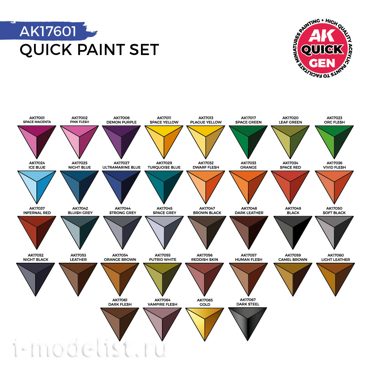 AK17601 AK Interactive Набор красок QUICK GEN (36 шт. + кисть) / QUICK PAINT SET-36 QUICK GEN COLORS (+2 FREE BRUSHES)