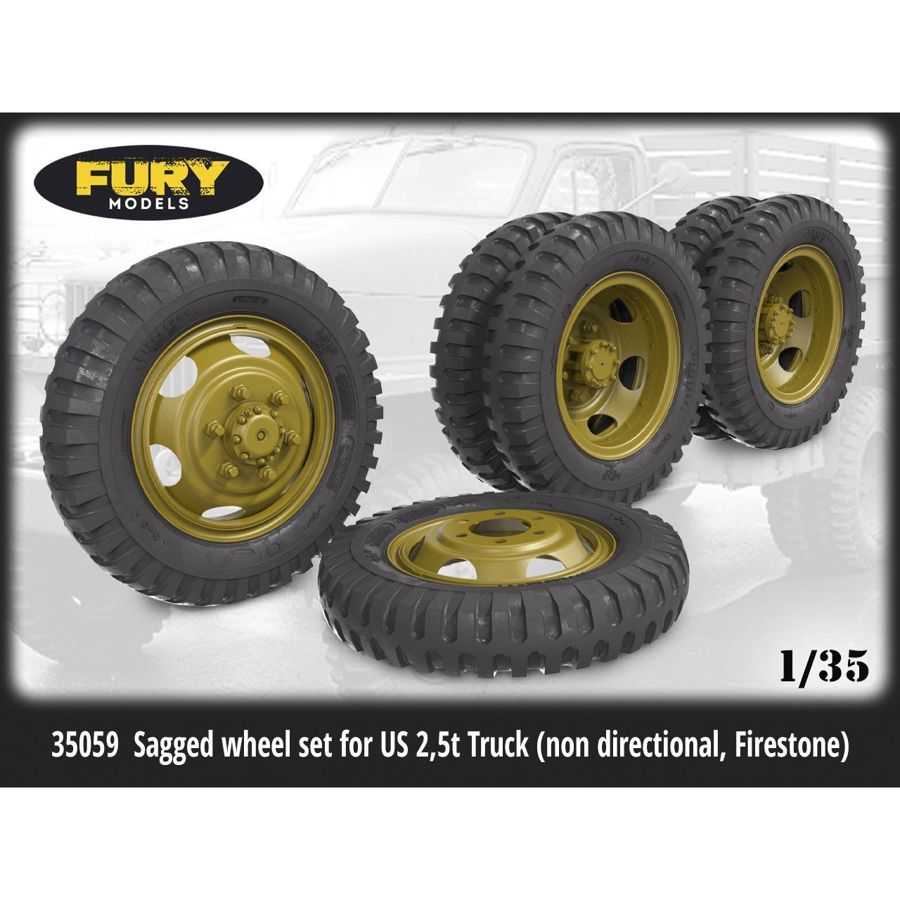 35059 Fury Models 1/35 Set of wheels under load for an American truck with a load capacity of 2.5 tons (non-directional, Firestone)