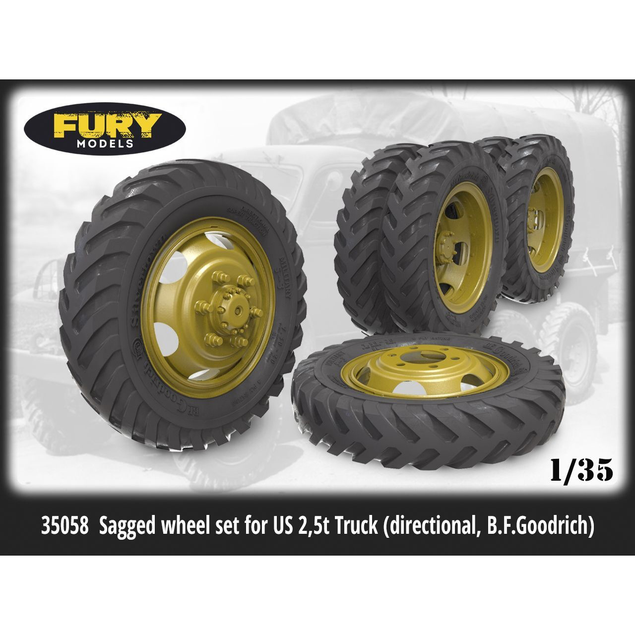 35058 Fury Models 1/35 Set of wheels under load for an American truck with a load capacity of 2.5 tons (directed, B.F.Goodrich)