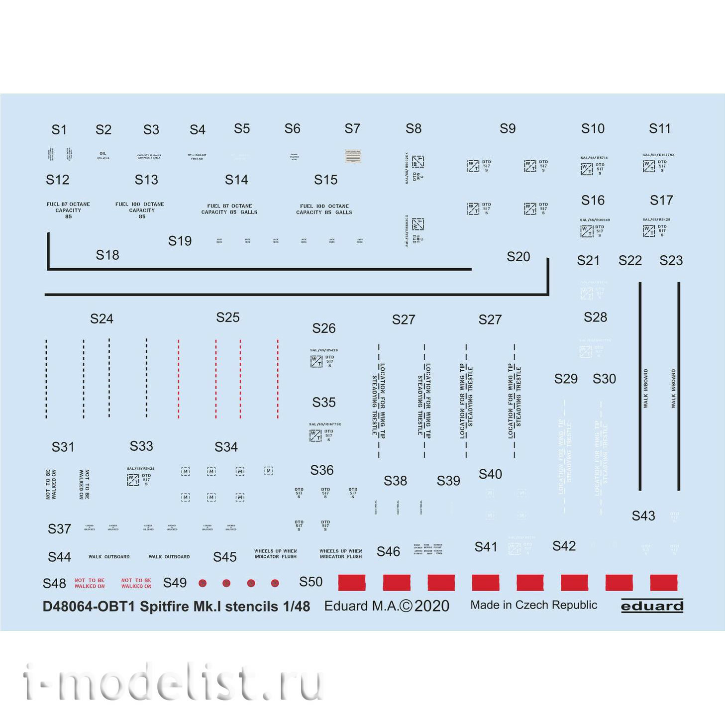 D48064 Eduard 1/48 Decal for Spitfire Mk. I technical inscriptions