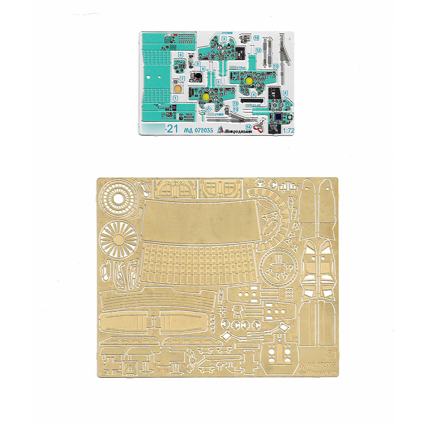 072035 Microdesign 1/72 Photo Etching Kit Color Dashboards for MiGG-21, All Modifications (Zvezda)