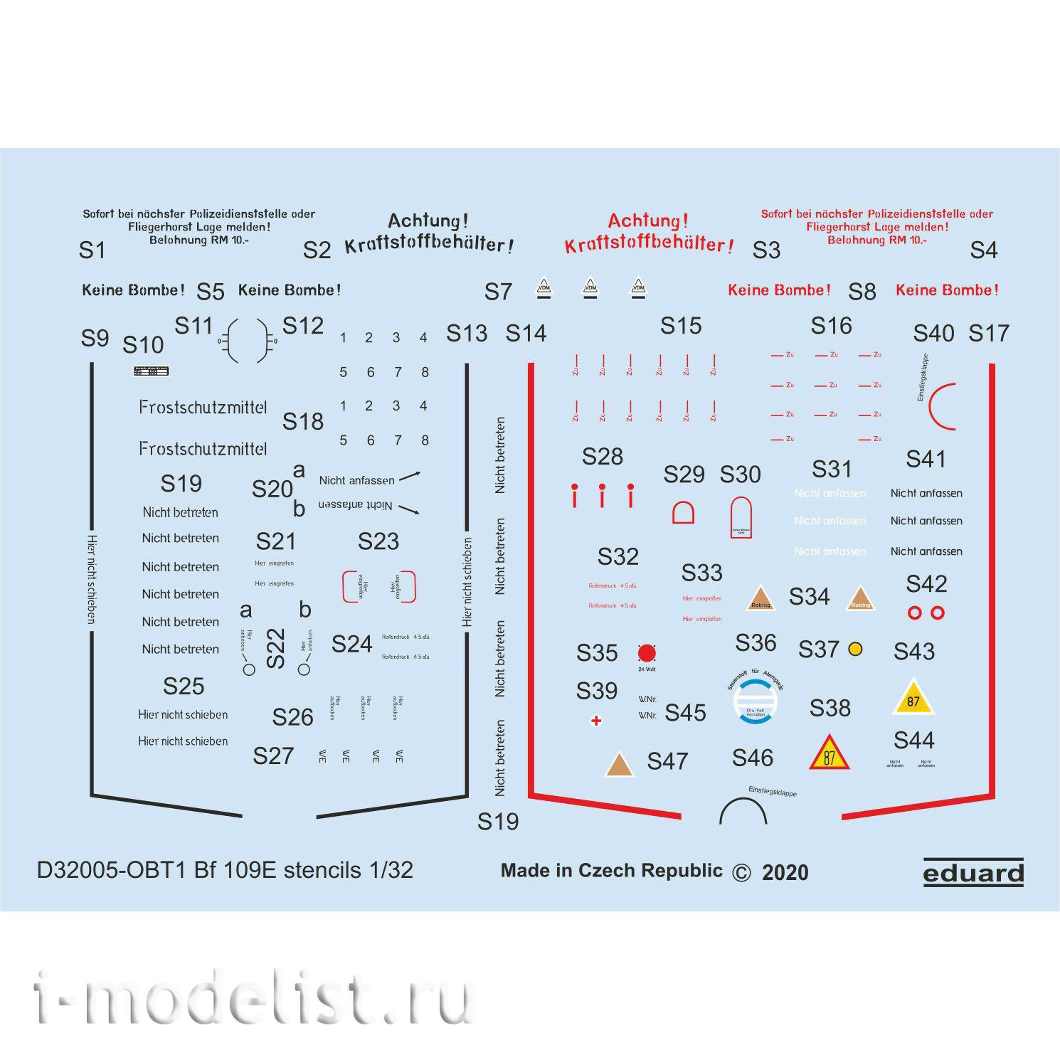D32005 Eduard 1/32 Decal for Bf 109E technical lettering