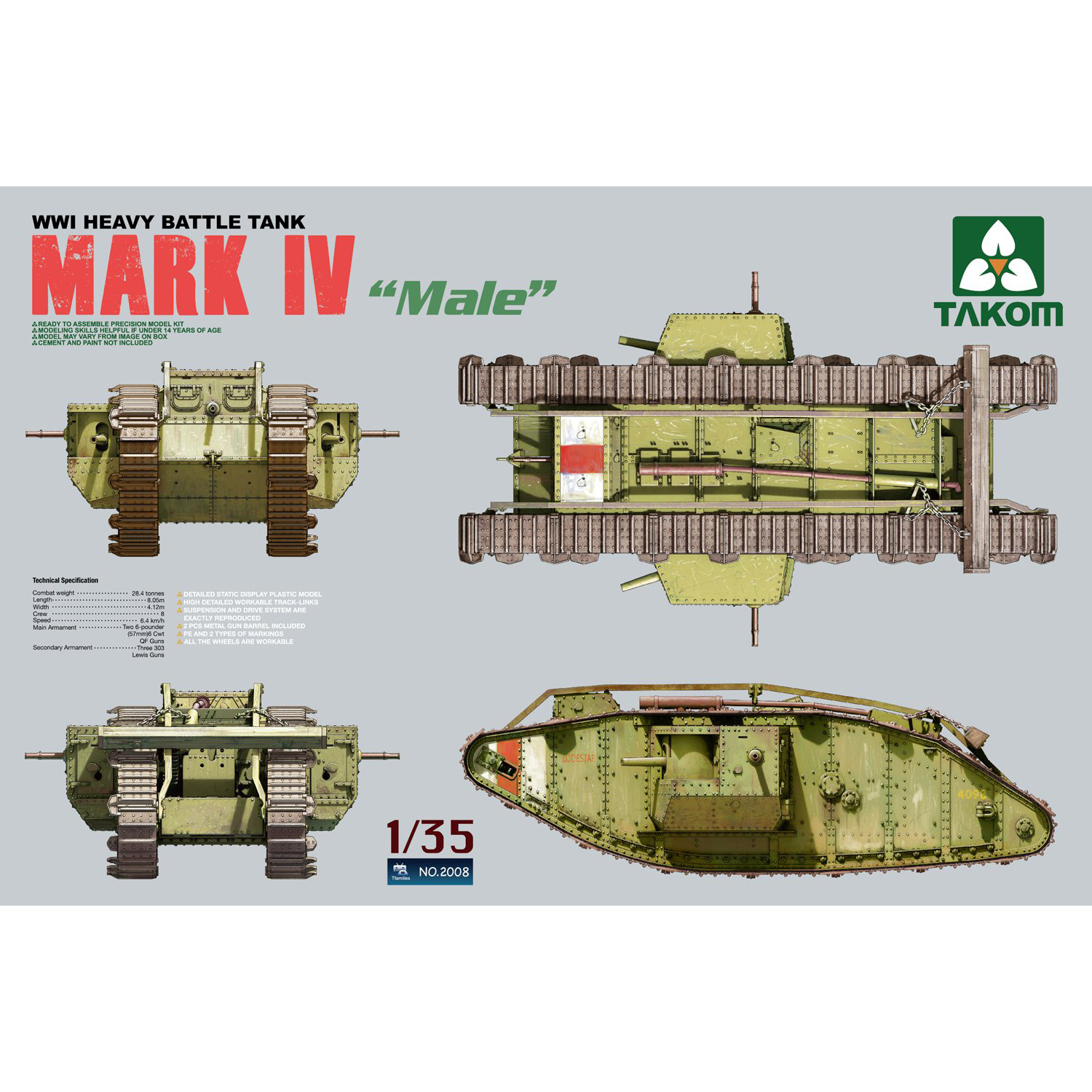 2008 Takom 1/35 WWI Heavy Battle Tank Mark IV Male