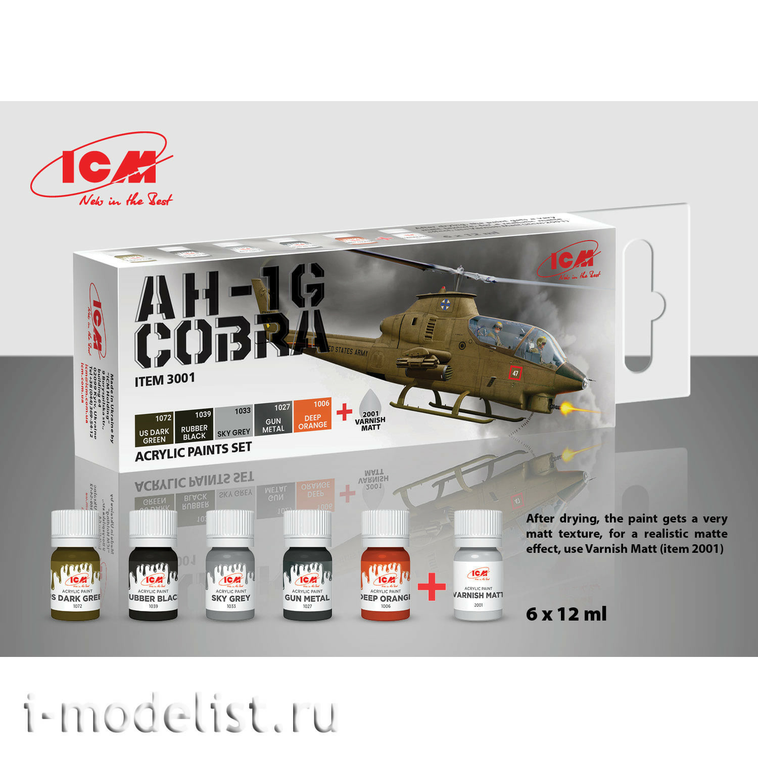 C3001 ICM Acrylic Paint Set for Cobra AH-1G (5 paints + matt varnish, 12 ml each)