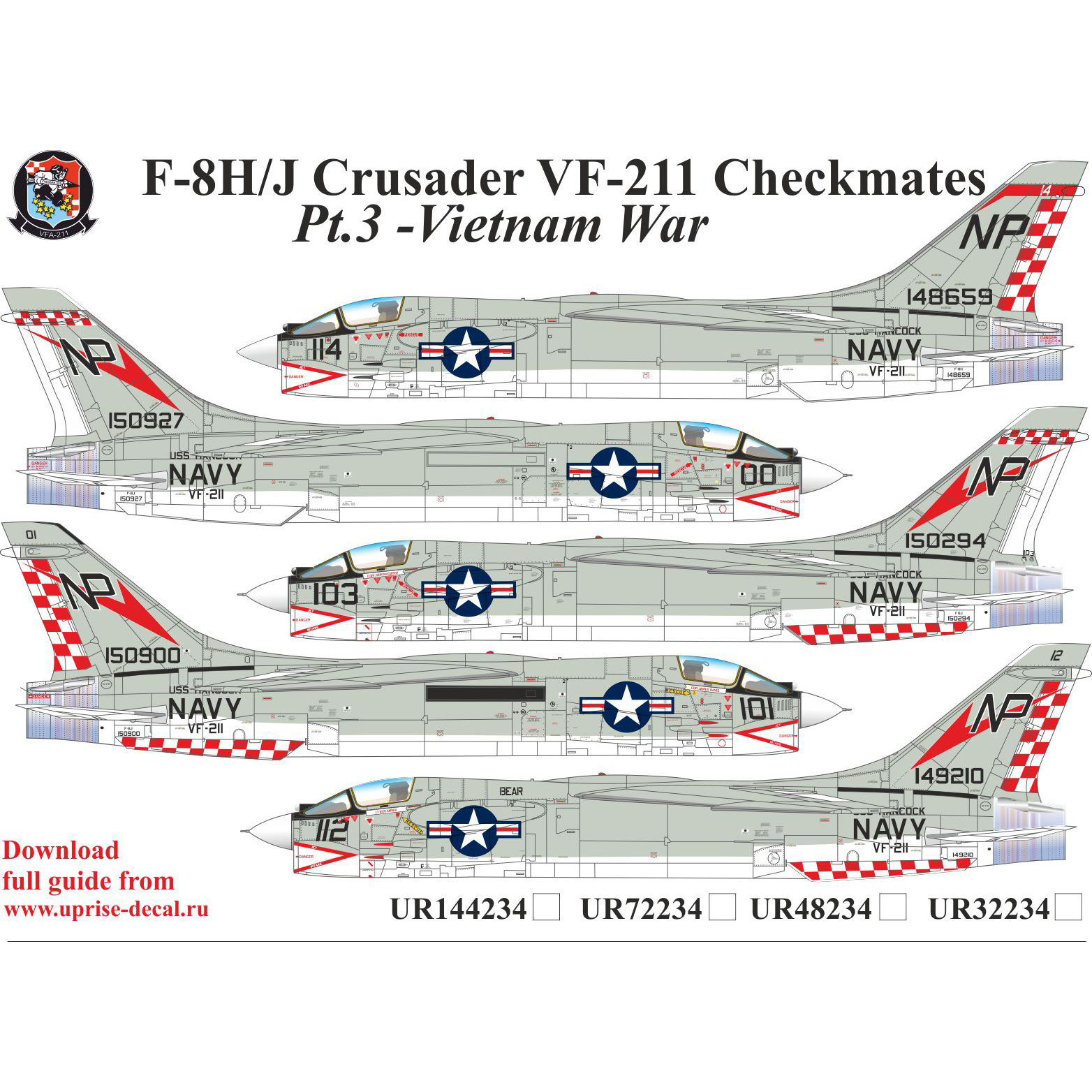 UR32234 SUNRISE 1/32 Decals for F-8H/J Crusader VF-211 Checkmates Pt.3 FFA (Removable lacquer backing)