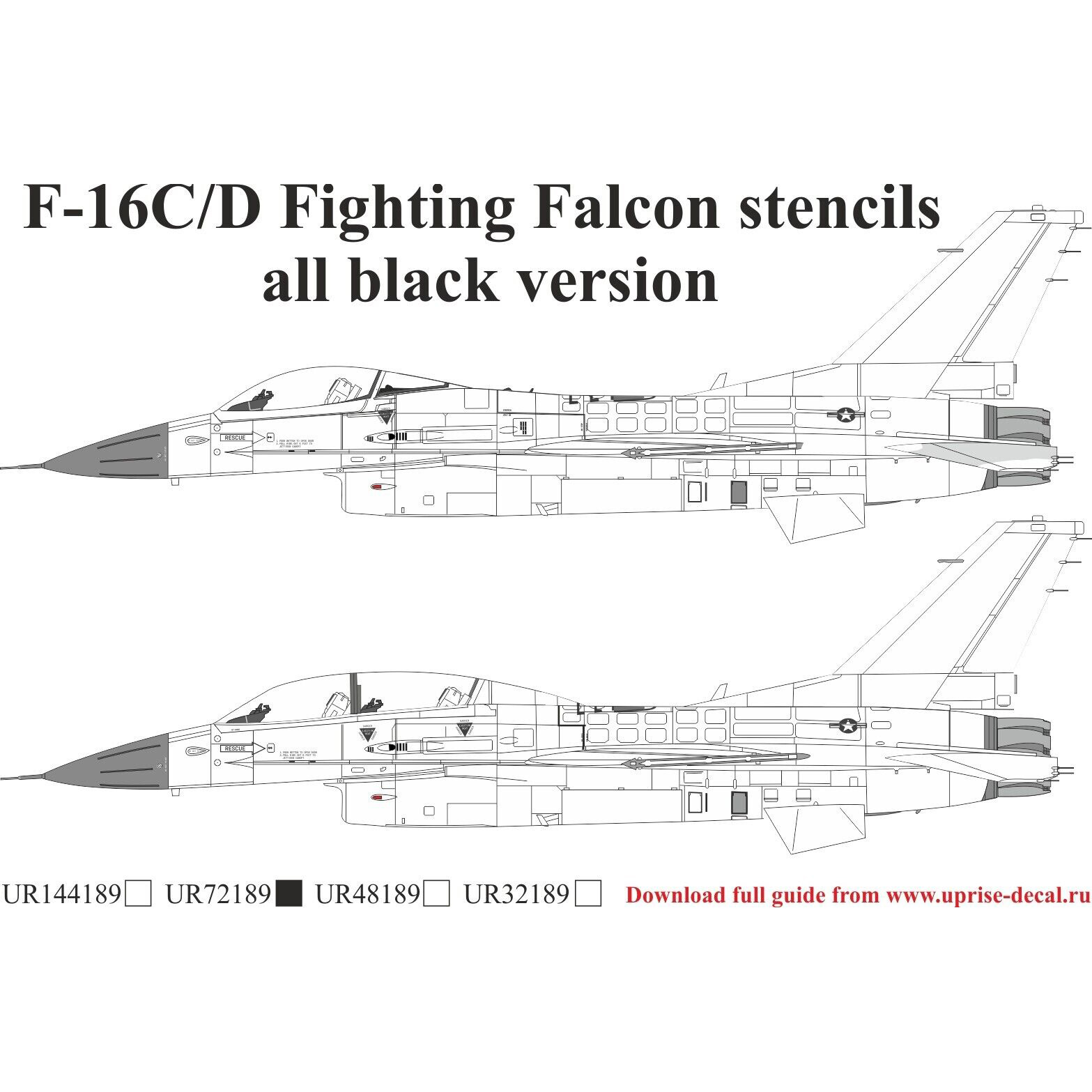 UR72189 Sunrise 1/72 Decals for F-16C/D Fighting Falcon, since then. inscriptions, black version, FFA (removable lacquer substrate)