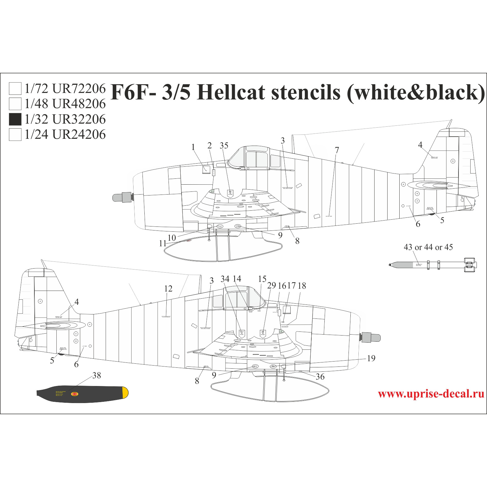 UR32206 Sunrise 1/32 Decal for F6F-3/5 Hellcat since. inscriptions, FFA (removable lacquer substrate) 