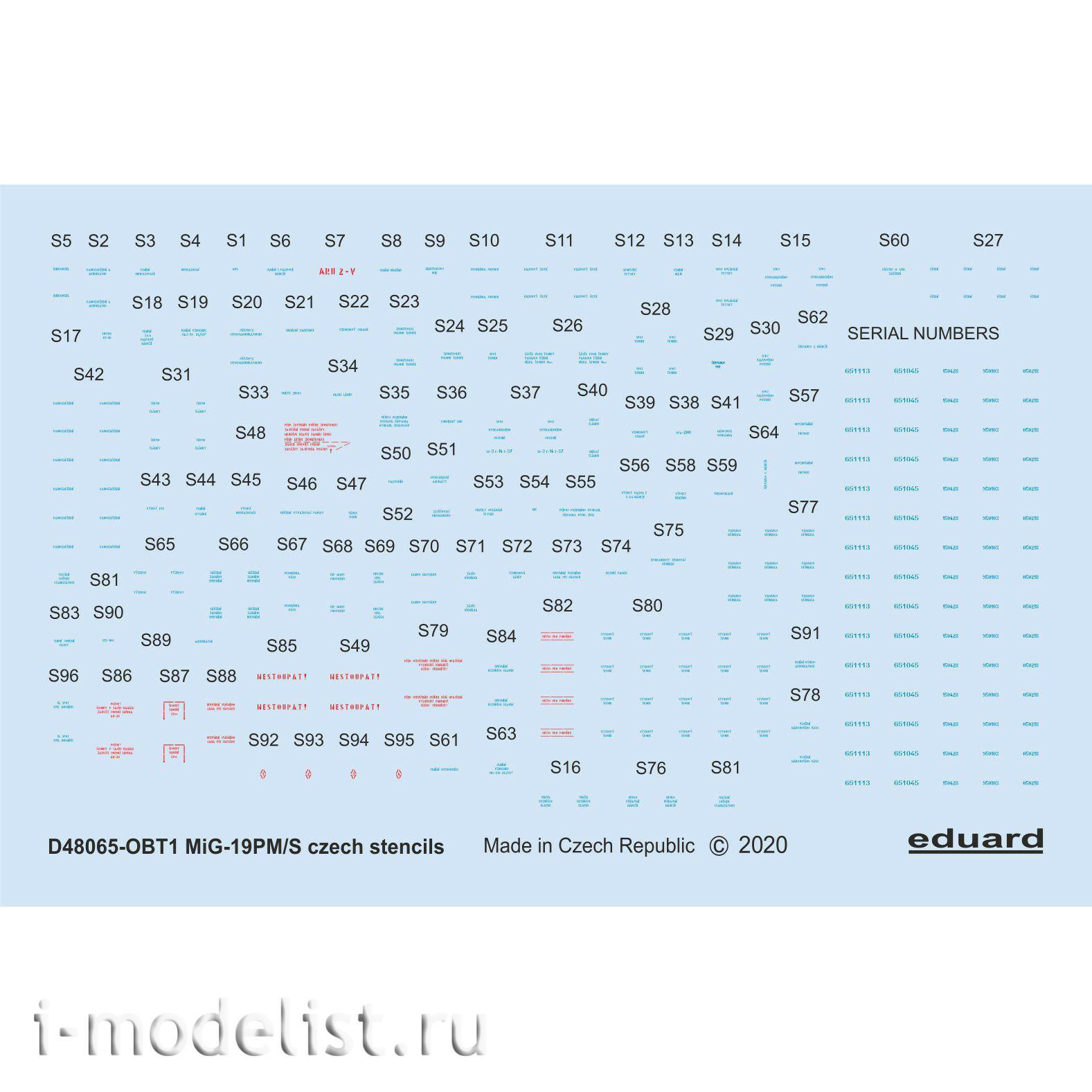 D48065 Eduard 1/48 Decal for MiG-19 technical inscriptions, Czech