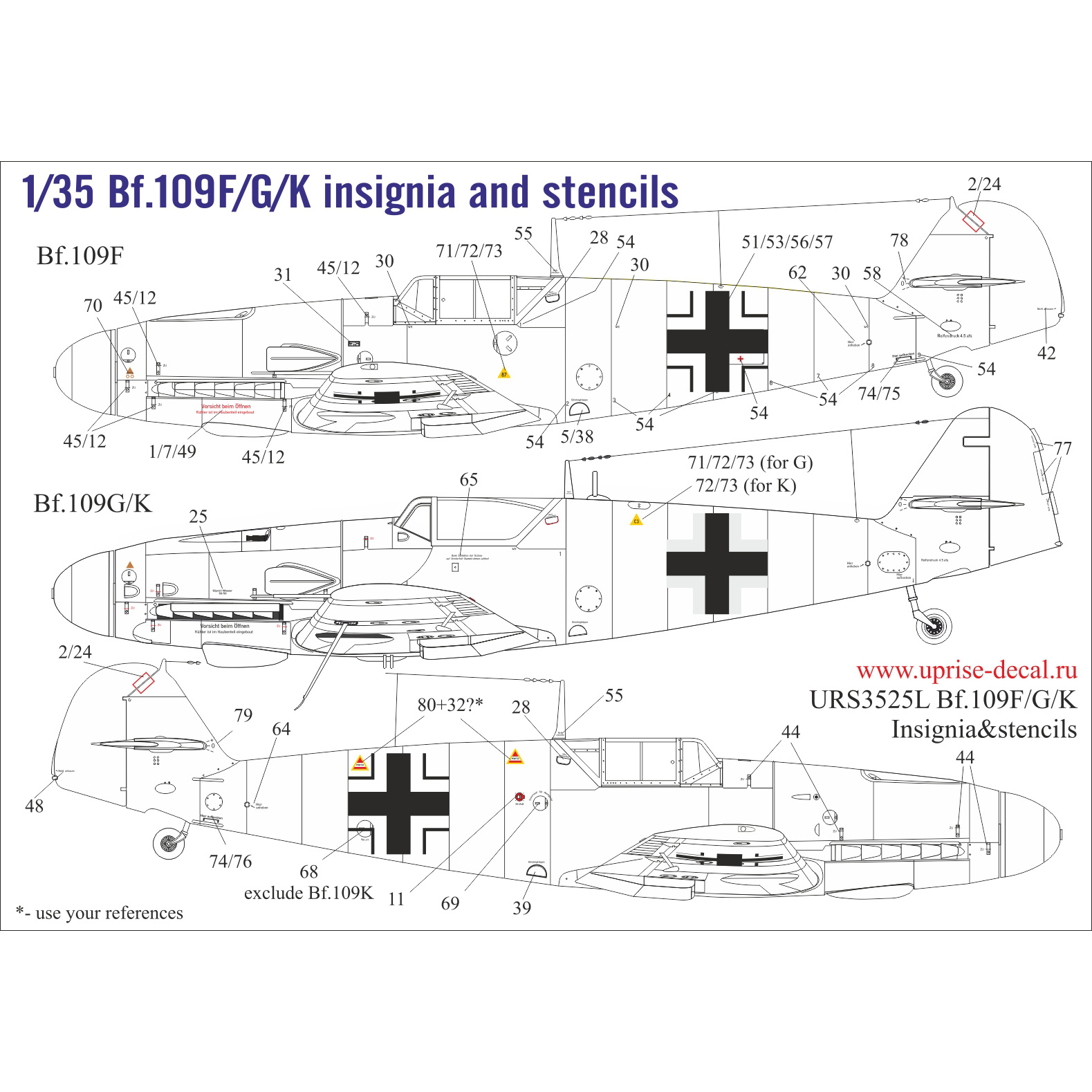 URS3525L Sunrise 1/35 Decals for Bf.109F/G/K with insignia and those. inscriptions