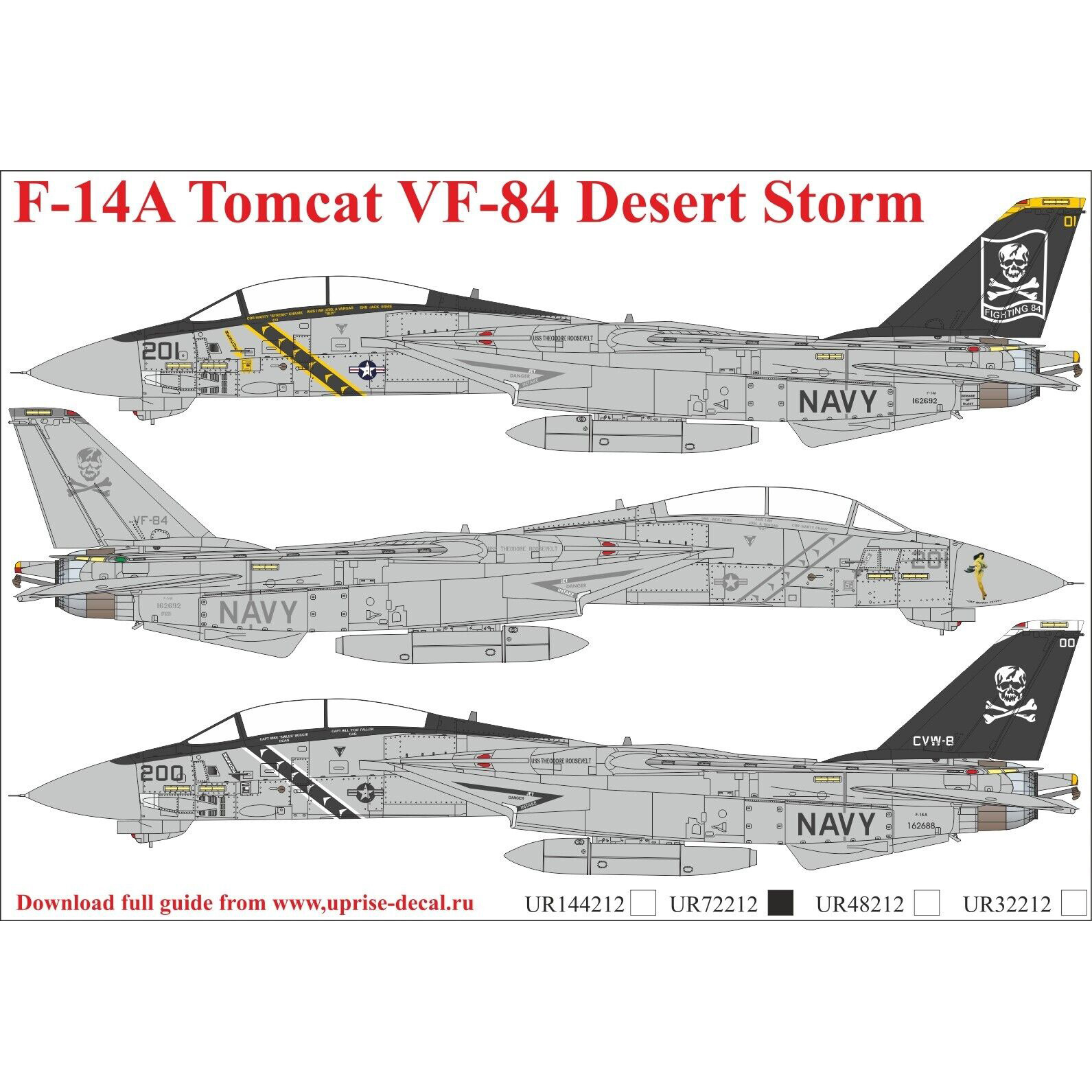 UR72212 Sunrise 1/72 Decals for F-14A Tomcat VF-84 Desert Storm, FFA (removable lacquer backing)