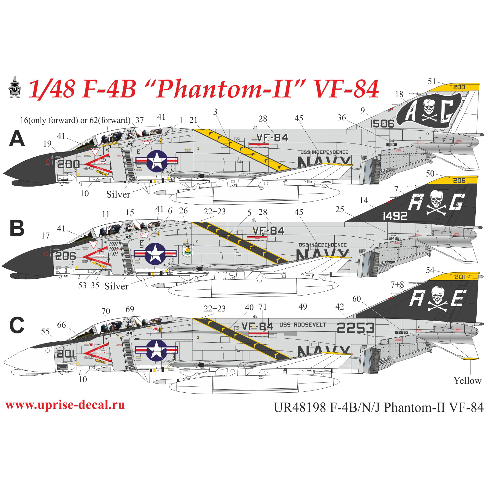 UR48198 SUNRISE 1/48 Decal for F-4B/N/J Phantom-II VF-84 (removable lacquer backing)