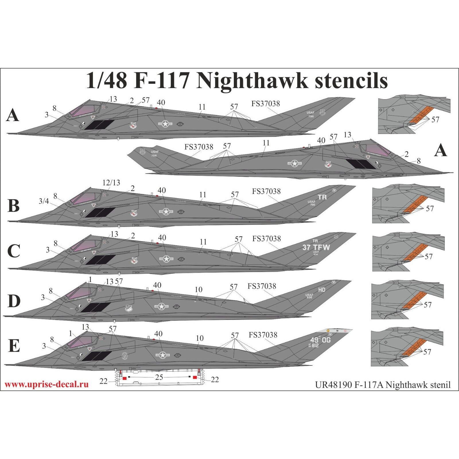 UR48190 Sunrise 1/48 Decal for F-117A Tech. inscriptions