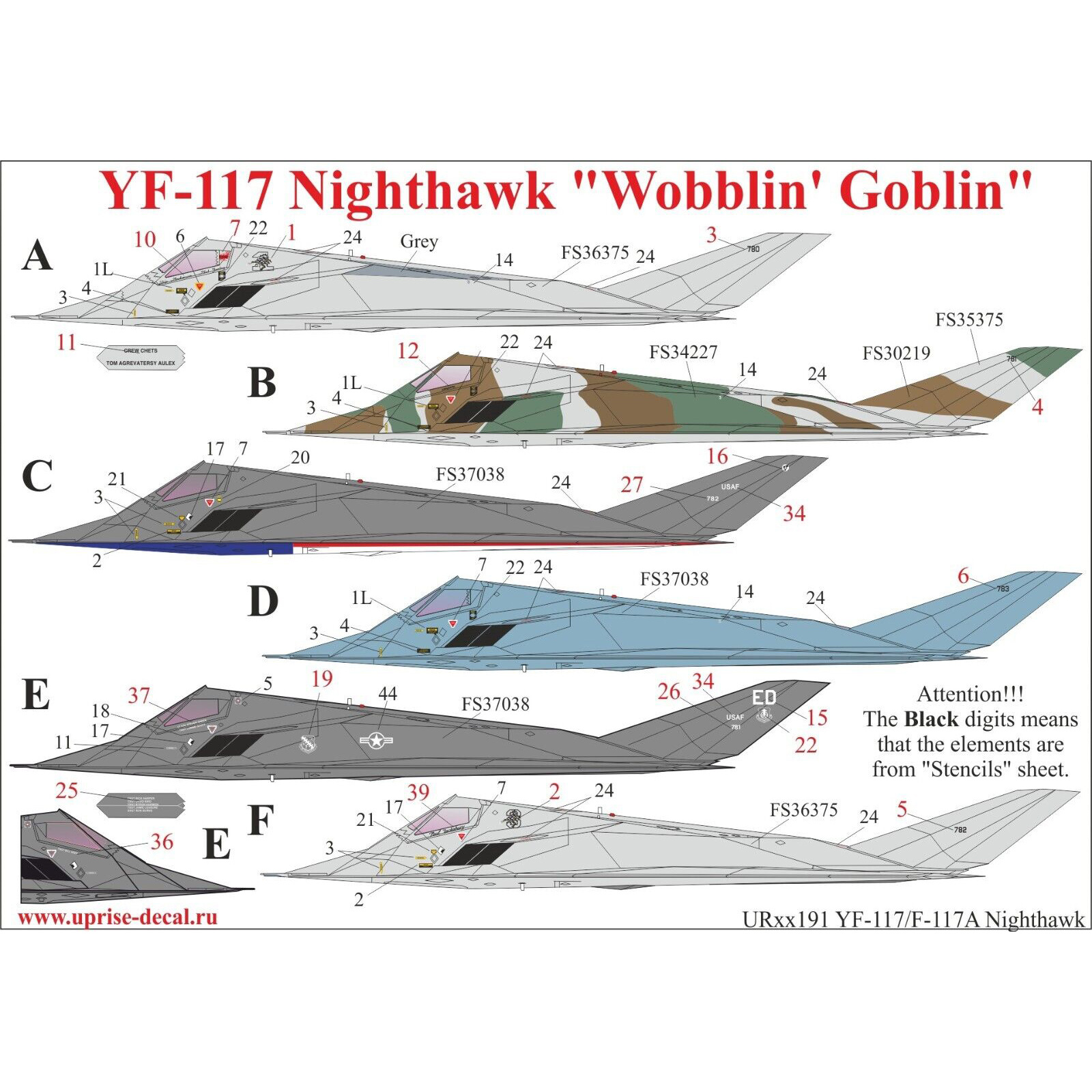 UR144191 Sunrise 1/144 Decal for YF-117 Nighthawk 