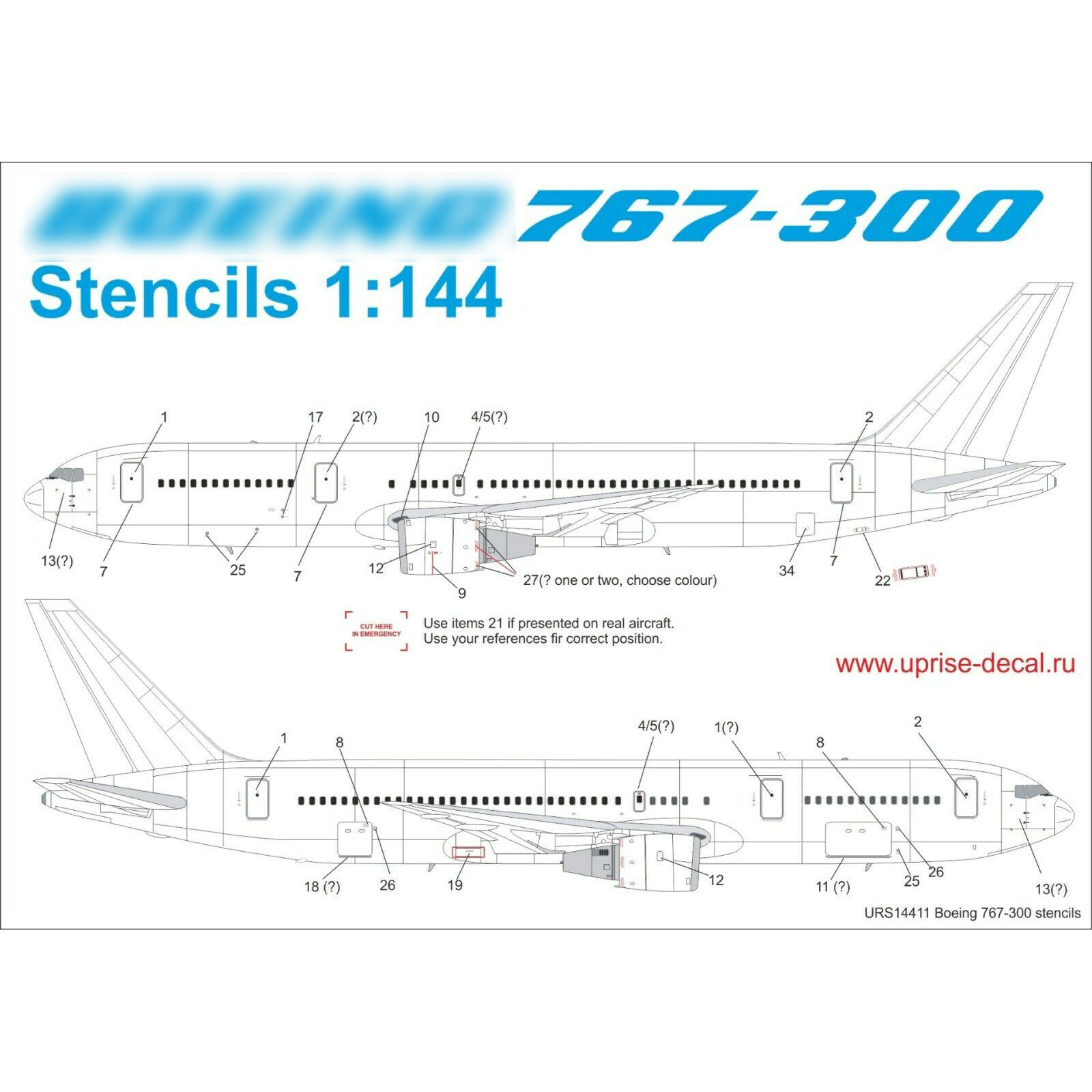 URS14411 Sunrise 1/144 Decals for 767-300 tech. inscriptions