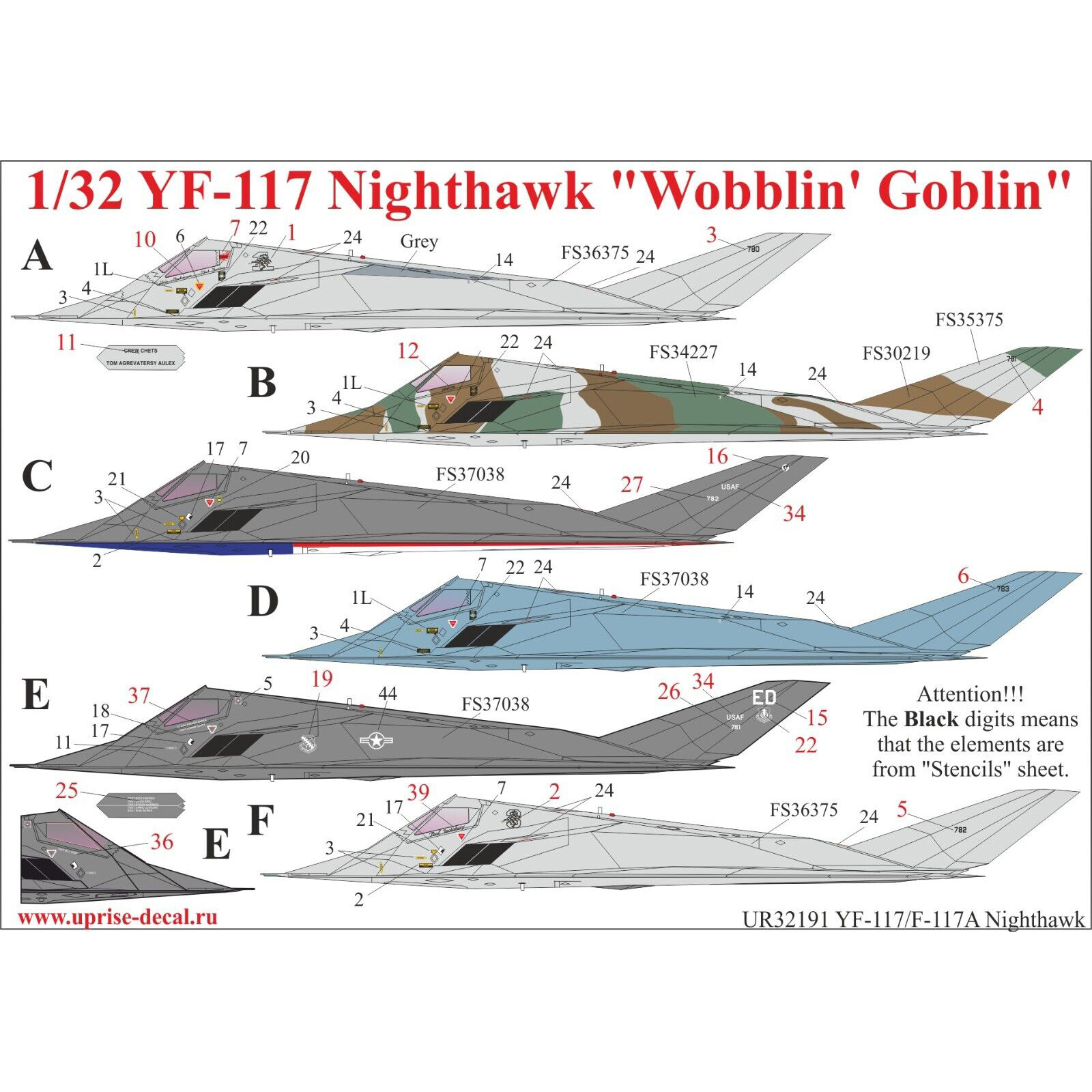 UR32191 Sunrise 1/32 Decal for YF-117 Nighthawk 