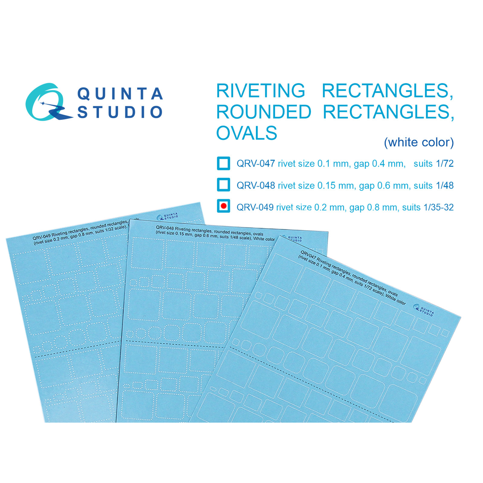 QRV-049 Quinta Studio 1/32 Клепочные ряды: прямоугольники и овалы (размер клепки 0.20 mm, интервал 0.8 mm, масштаб 1/32), белые