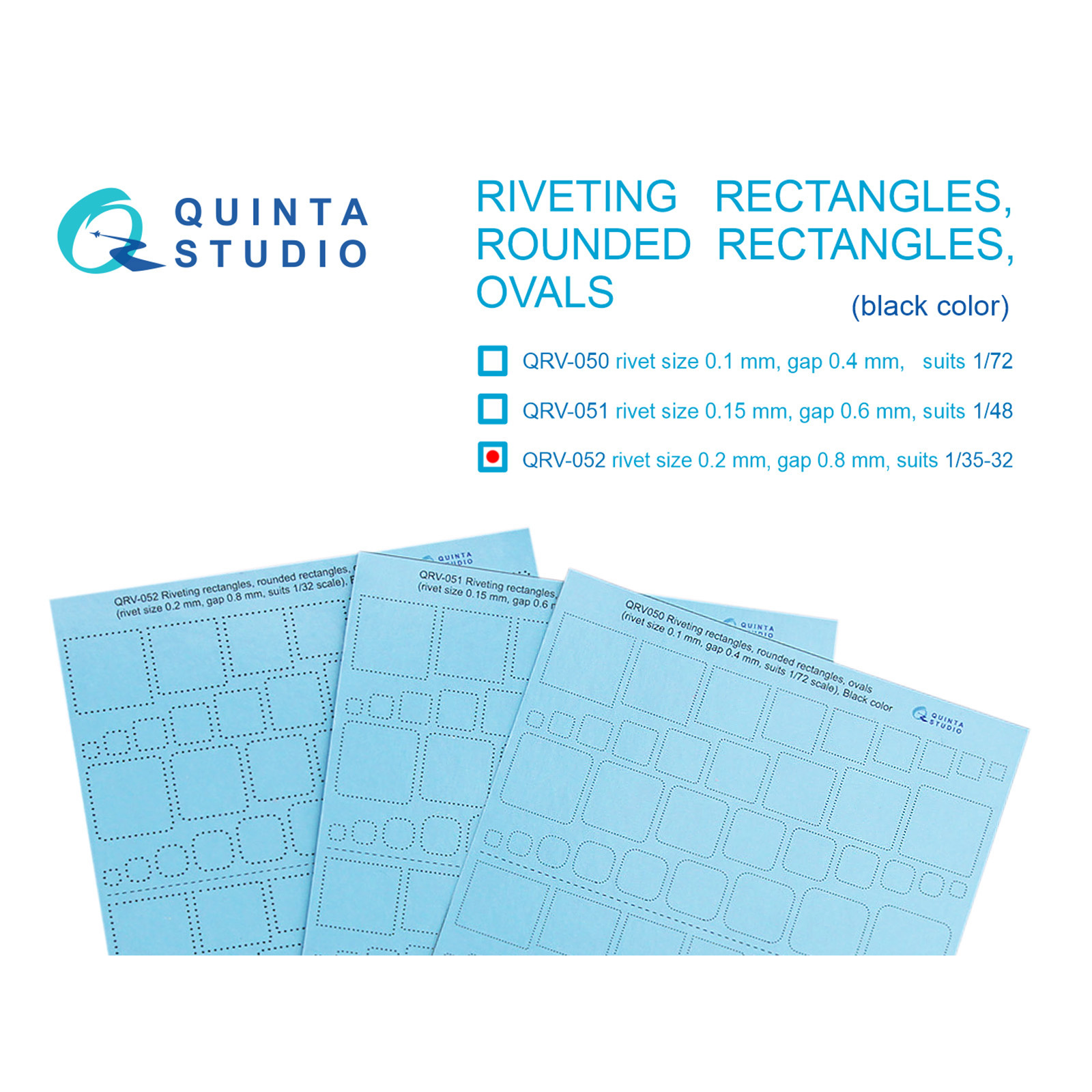 QRV-052 Quinta Studio 1/32 Клепочные ряды: прямоугольники и овалы (размер клепки 0.20 mm, интервал 0.8 mm, масштаб 1/32), черны