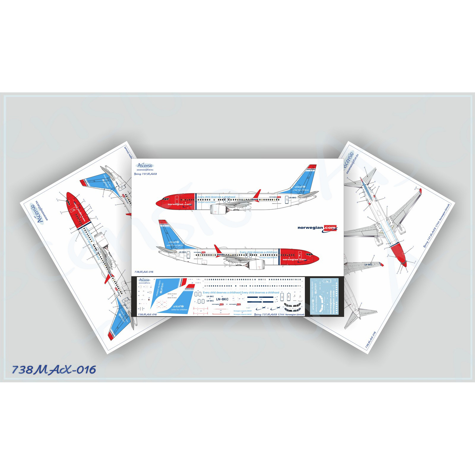 738MAX-016 Ascensio1/144 Decal for Boeing 737-8 MAX Norwegian (Unicef) 