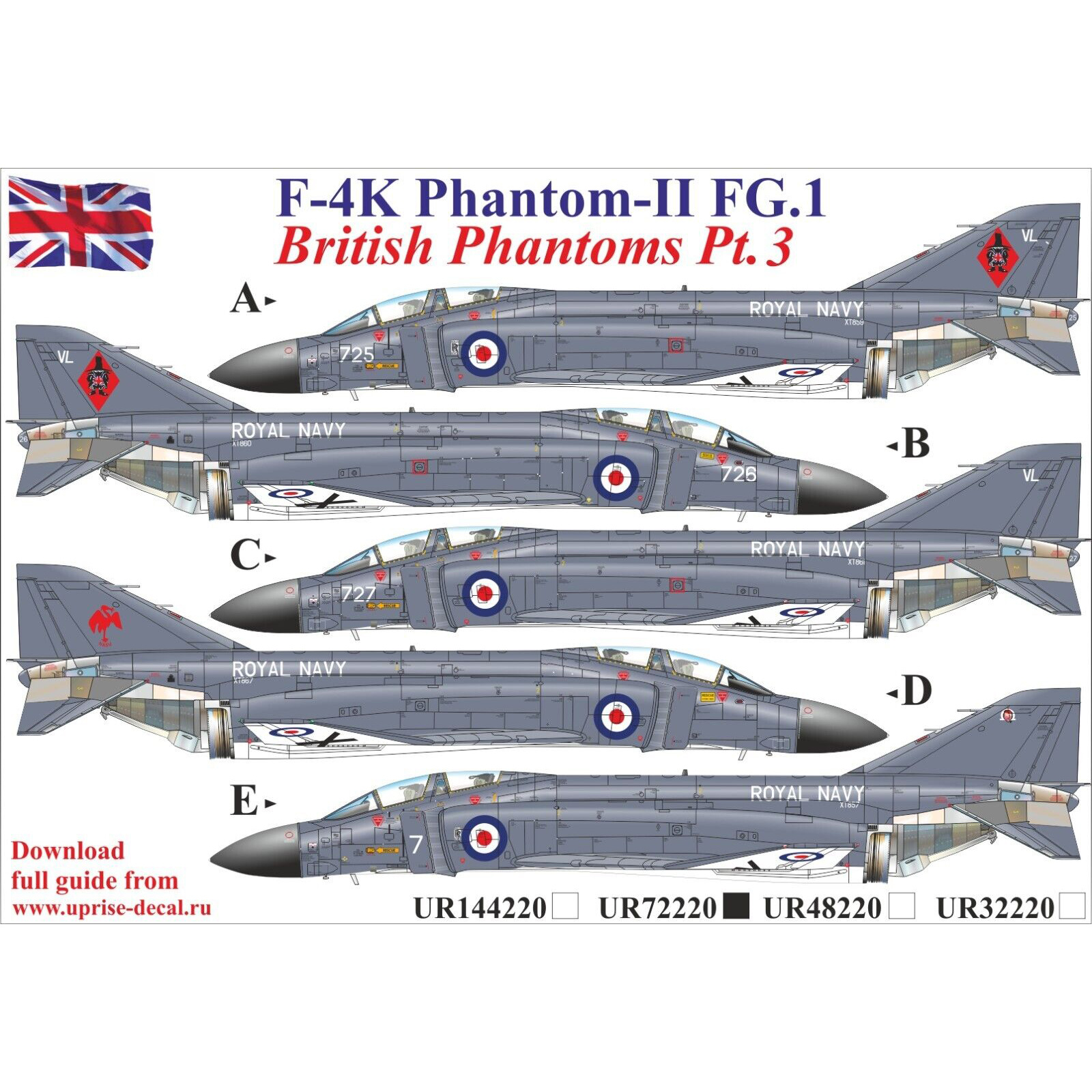 UR72220 Sunrise 1/72 Decal for British F-4K Phantom-II FG.1 Pt. 3, FFA (removable lacquer substrate)