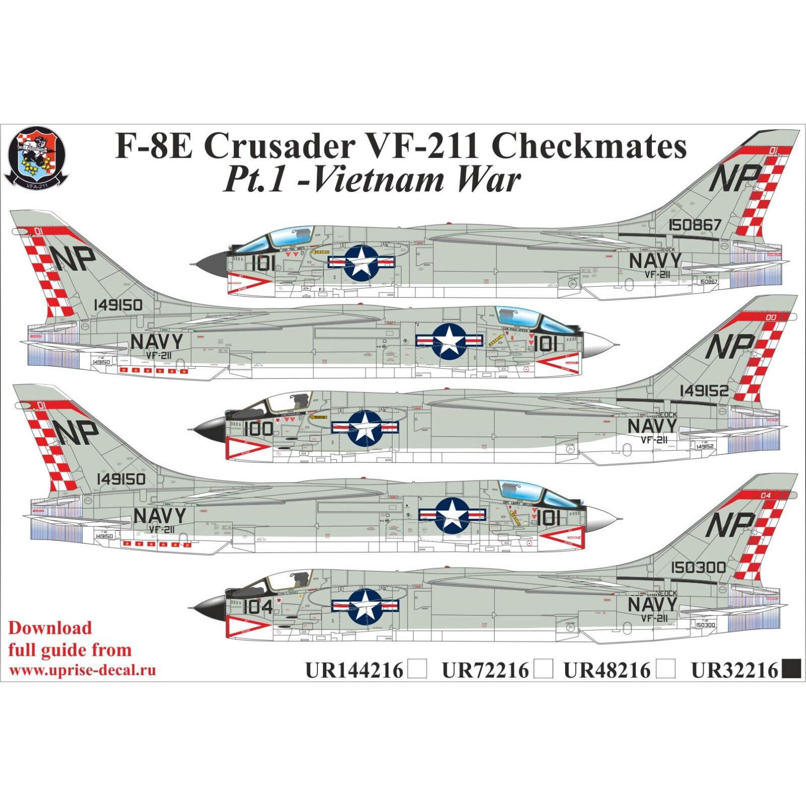 UR32216 Sunrise 1/32 Decals for F-8E Crusader VF-211 Checkmates Pt 1, FFA (removable lacquer backing)