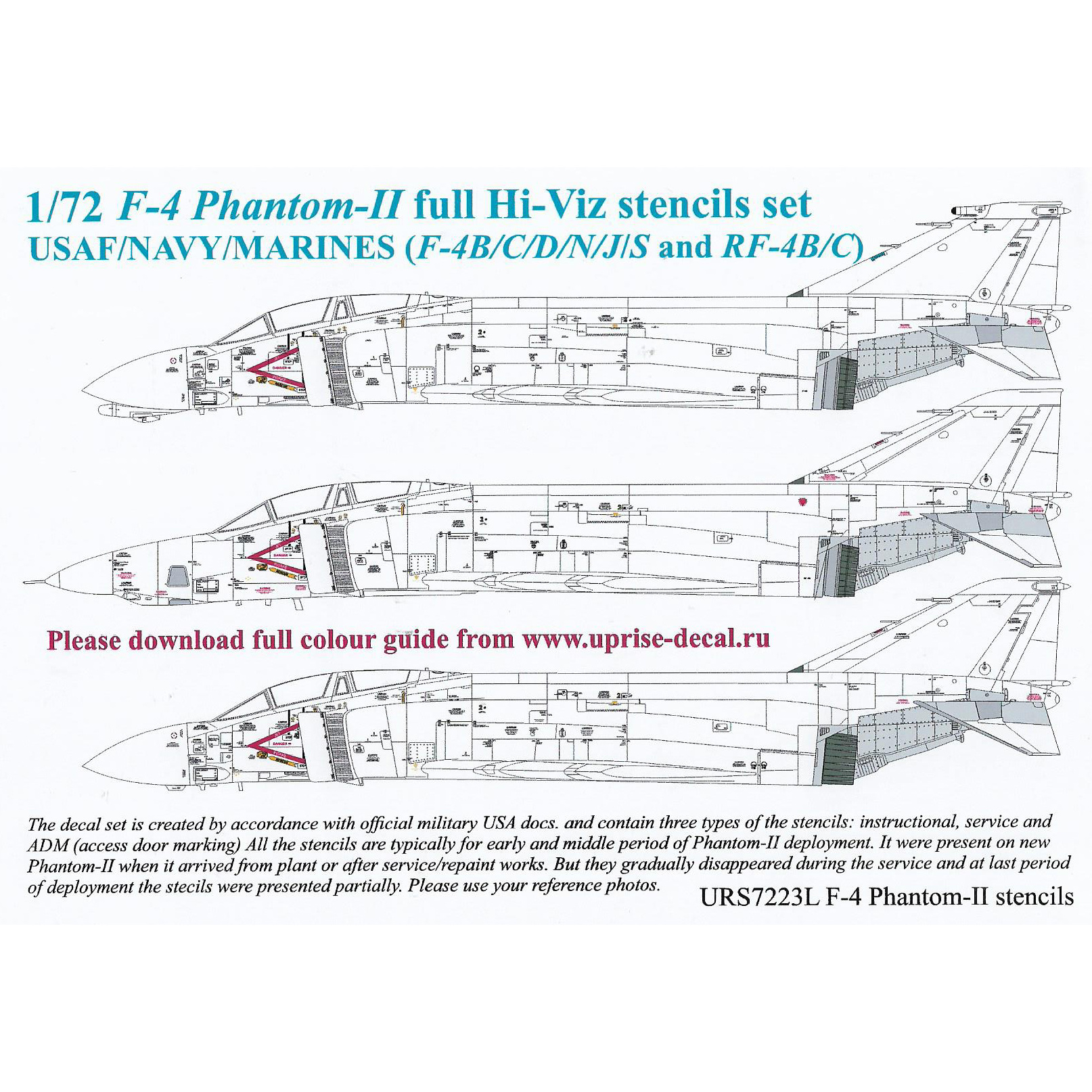 URS7223L Sunrise 1/72 Decals for F-4B/N/J/S/C/D & RF-4B/C Phantom-II with insignia and tech. inscriptions