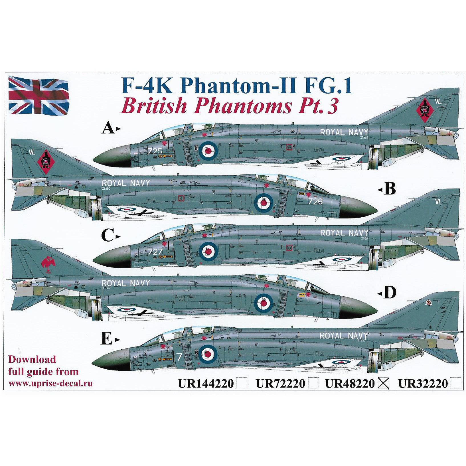 UR48220 Sunrise 1/48 Decal for F-4K Phantom-II FG.1, British Phantoms Pt.3, FFA (removable lacquer substrate)