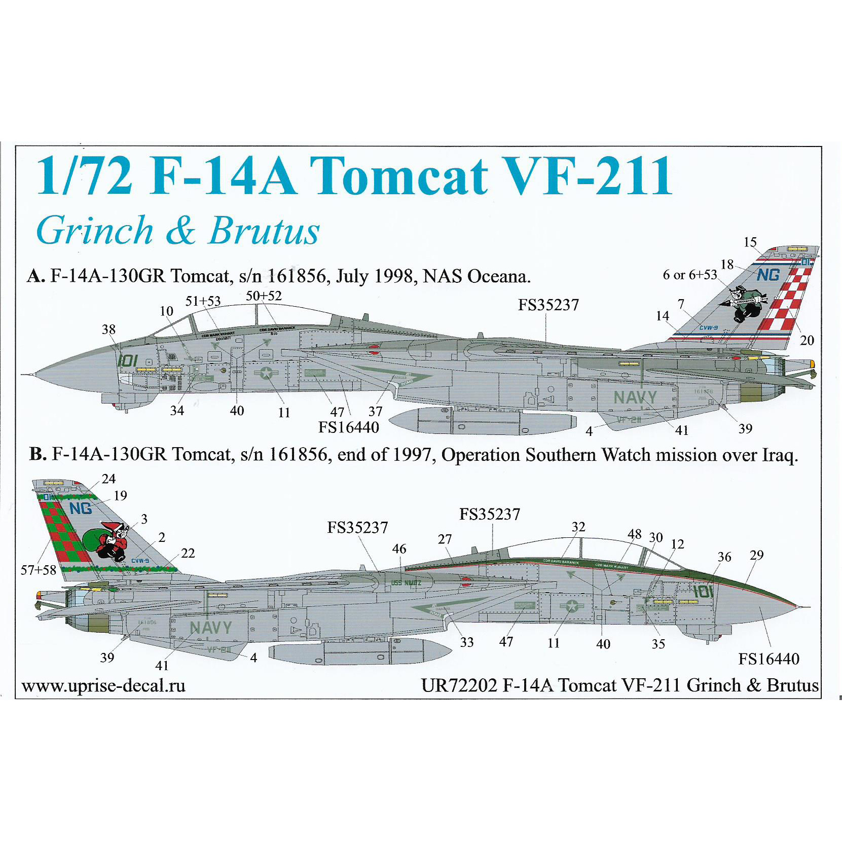 UR72202 Sunrise 1/72 Decal for F-14A Tomcat VF-211 Grinch & Brutus