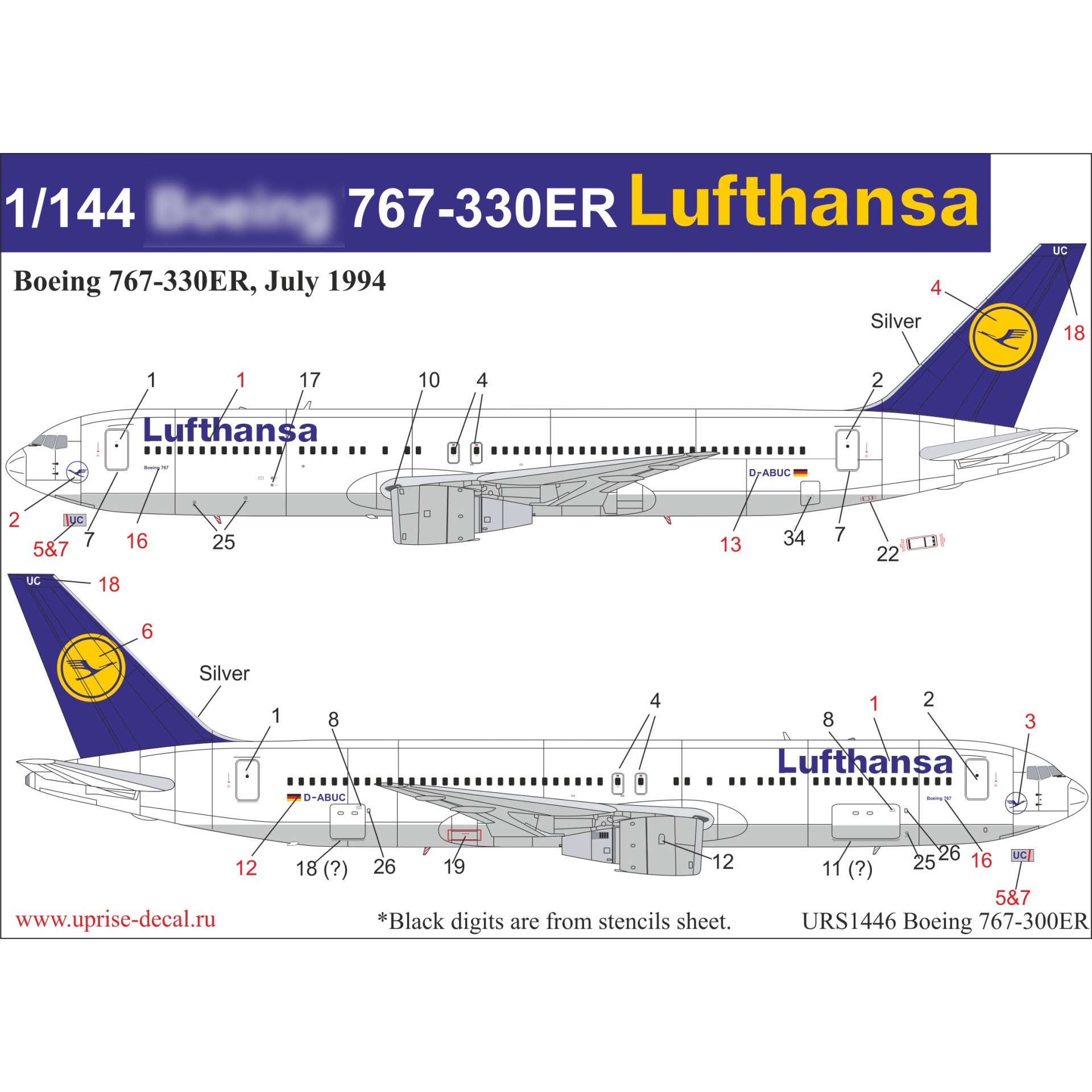 URS1446 Sunrise 1/144 Decals for 767-300ER Lufthansa since then. inscriptions