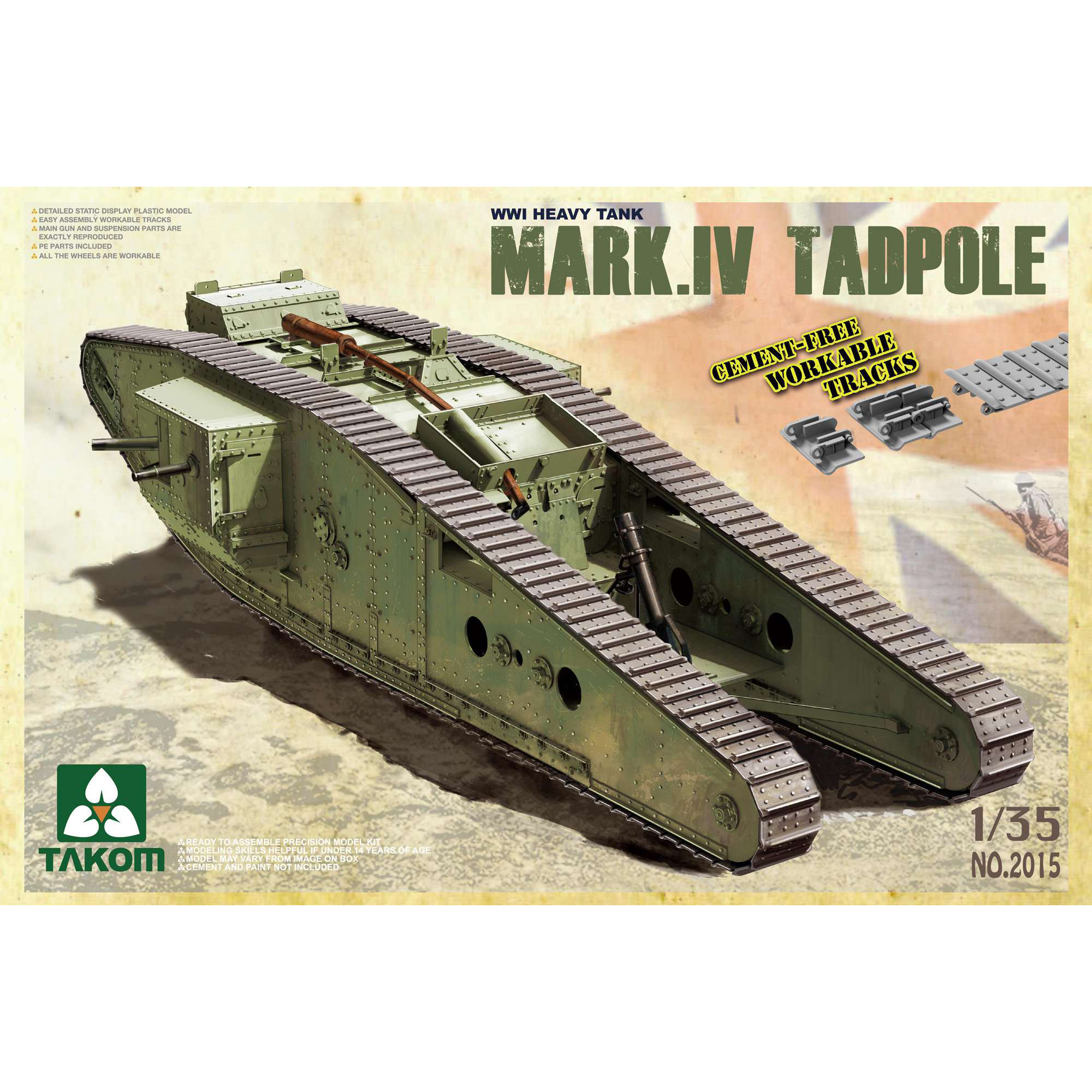 2015 Takom 1/35 WWI Heavy Battle Tank Mark IV Male Tadpole w/Rear mortar