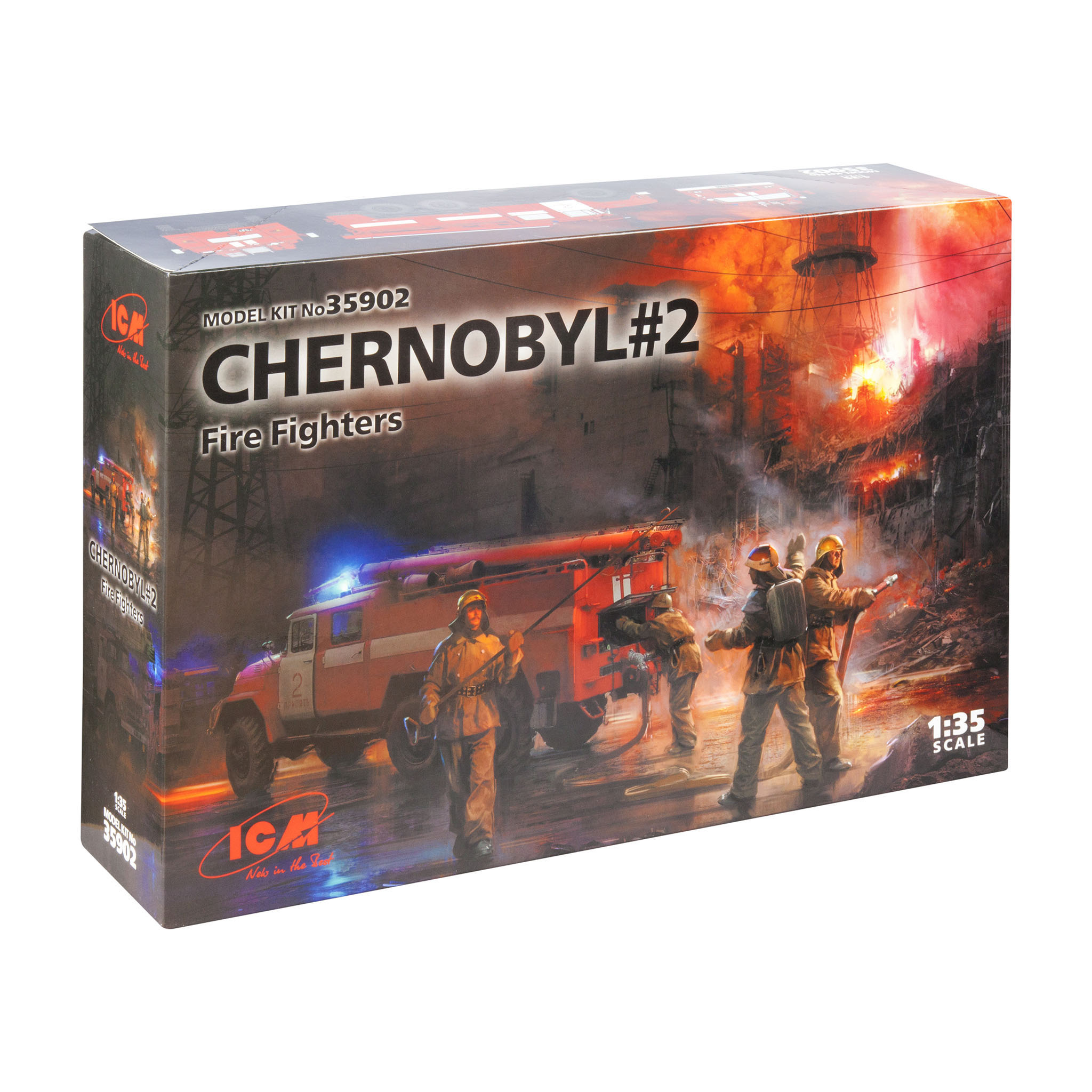 35902 ICM Chernobyl #2. Firefighters (AC-40-137A, 4 figures and a cardboard stand with a background)