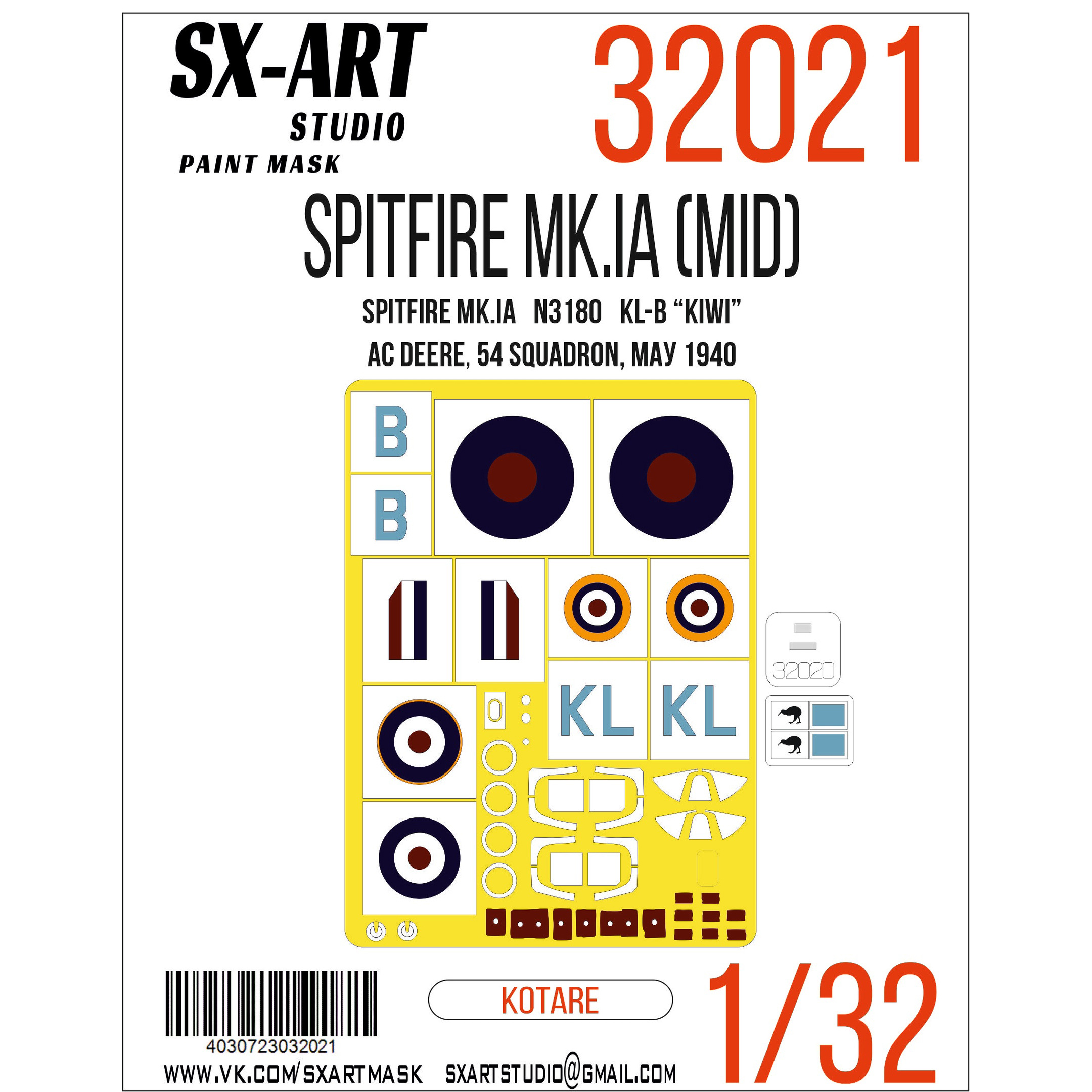 32021 SX-Art 1/32 Paint mask Spitfire Mk. I N3180 kl-b “Kiwi” (Kotare)