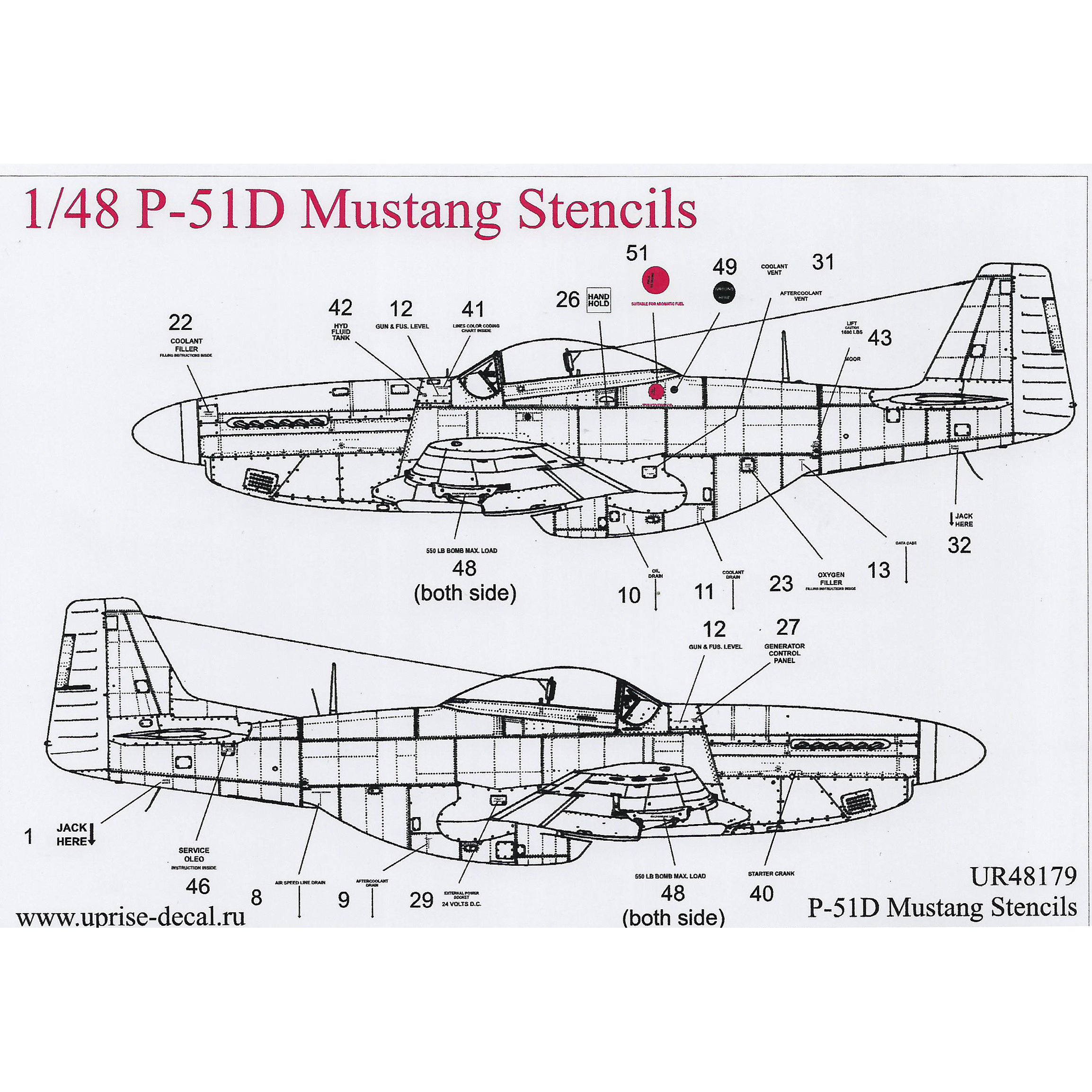UR48179 Sunrise 1/48 Decal for P-51D Mustang, tech. inscriptions