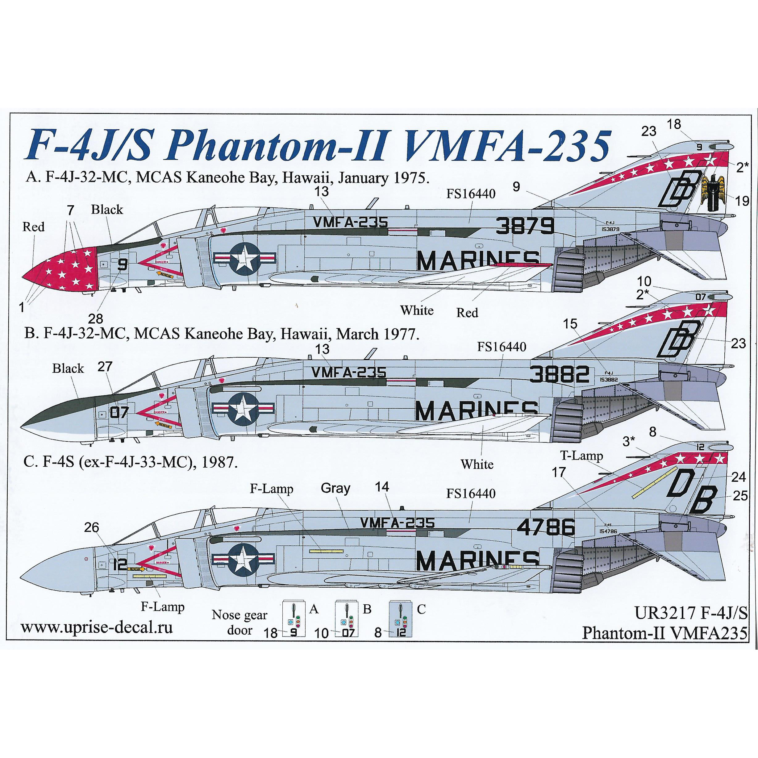 UR3217 Sunrise 1/32 Decal for F-4J/S Phantom-II VMFA-235, without tech. inscriptions