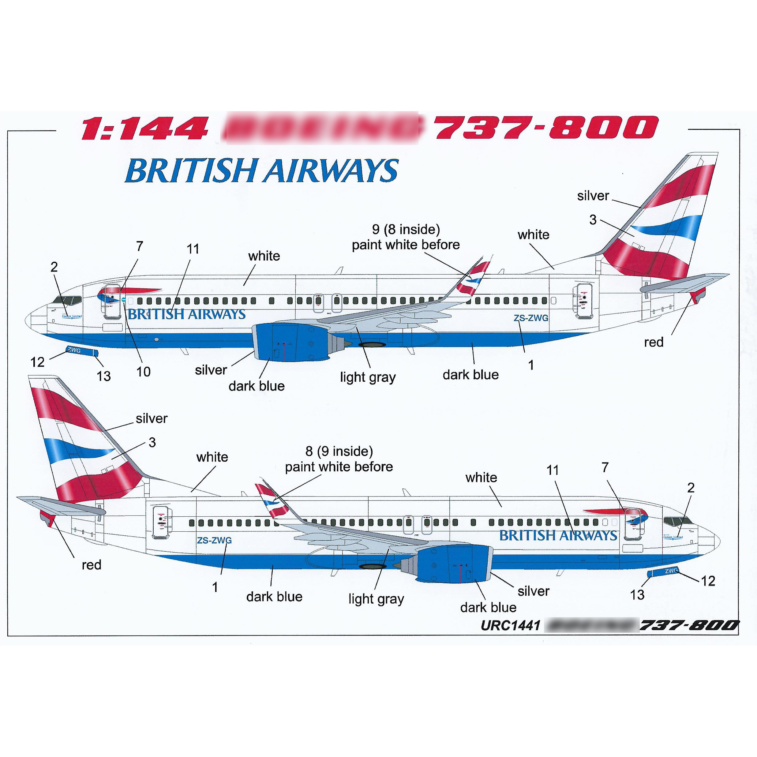 URC1441 Sunrise 1/144 Decals for 737-800 British Airways with a full set of tech. inscriptions