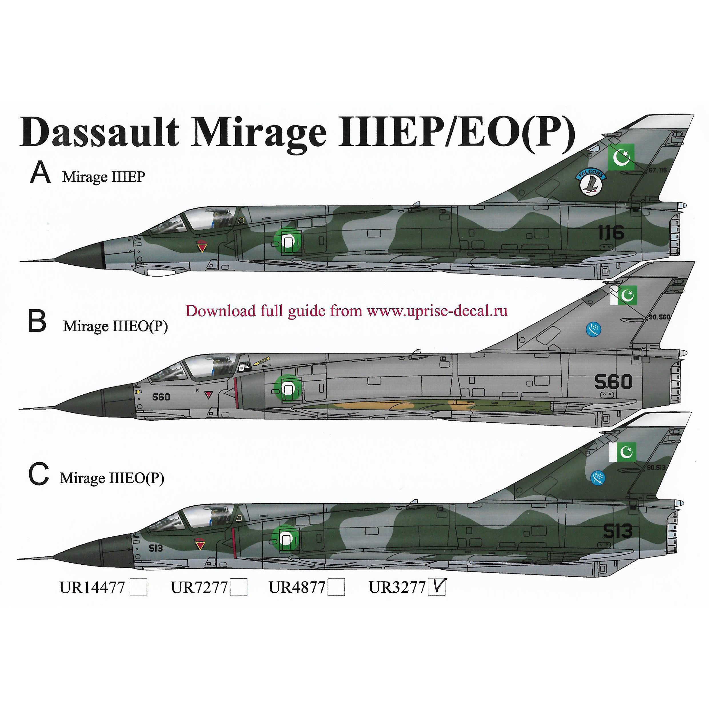 UR3277 Sunrise 1/32 Decal for Mirage IIIEP/EP(O) Pakistan Air Force FFA (removable lacquer backing) 