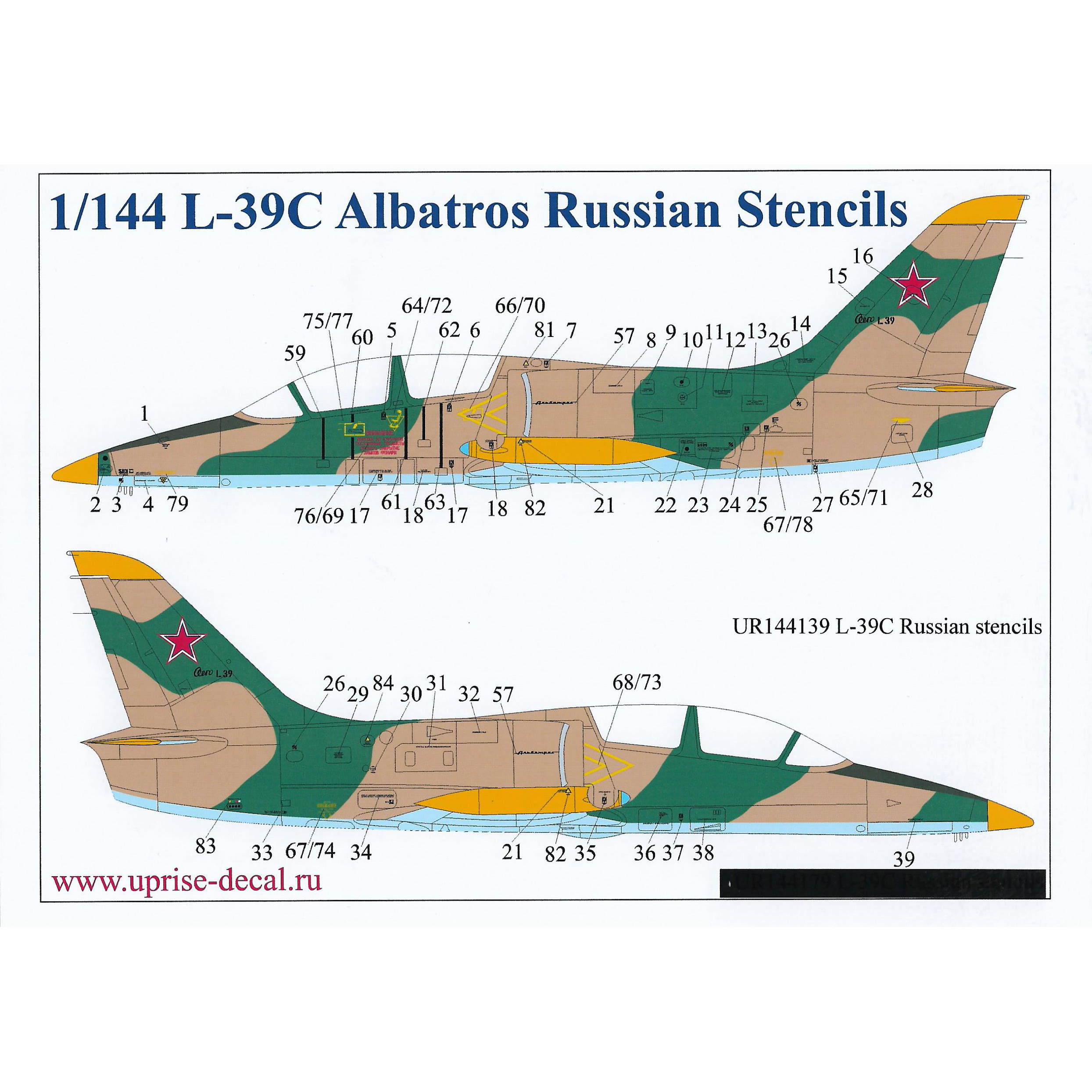 UR144139 Sunrise 1/144 Decals for L-39C Albatros, tech. inscriptions in Russian