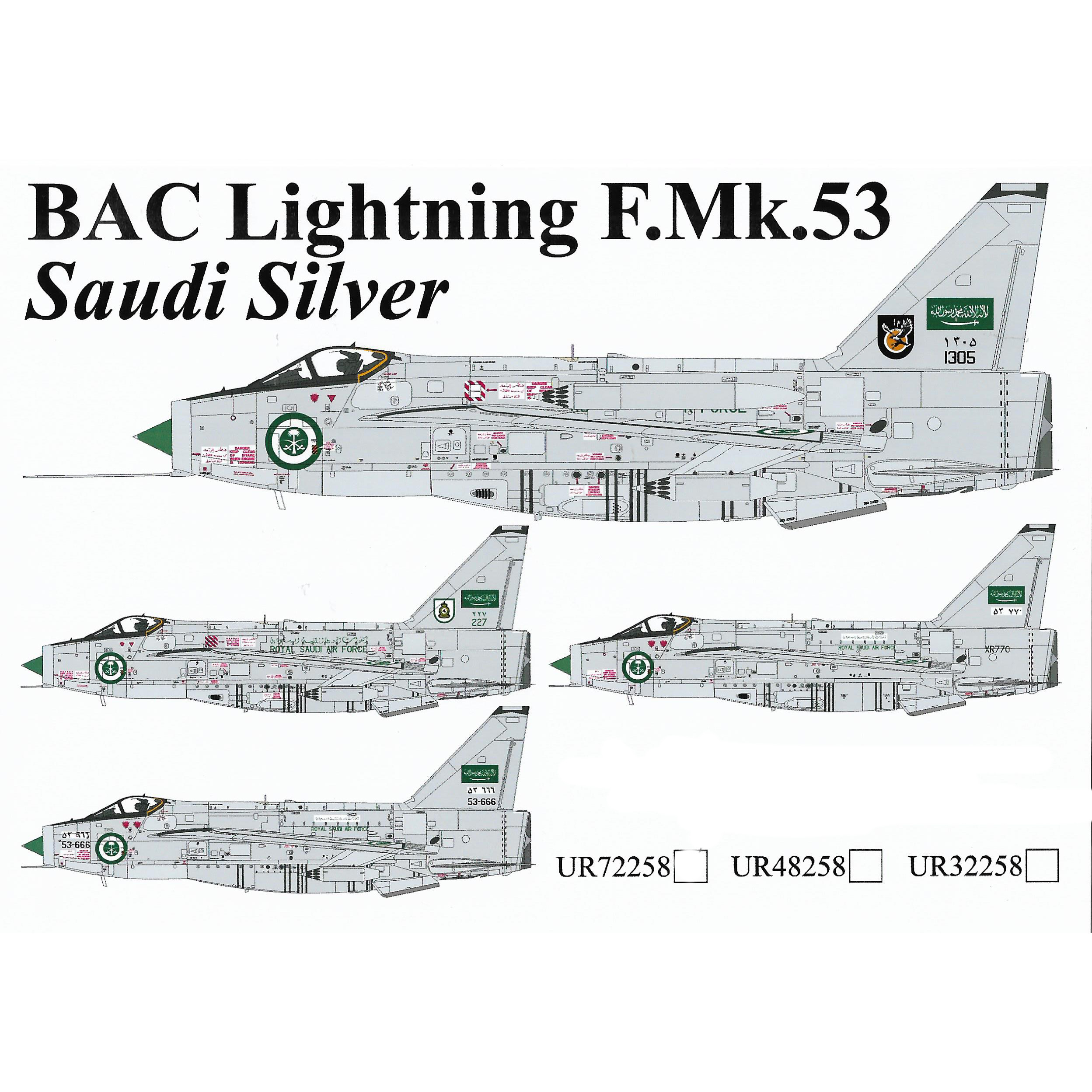 UR48258 Sunrise 1/48 Decal for BAC Lighting F.Mk.53 Saudi Silver
