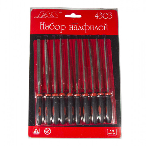 4303 JAS needle file Set with handles, 10 PCs, blister + case