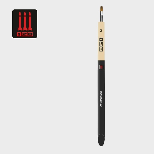 S2-2 128 Кисть 128 Миниатюра / синтетика имитация колонка / плоская 2 / ручка скошенная утолщенная с черным матовым кончиком / белая обойма