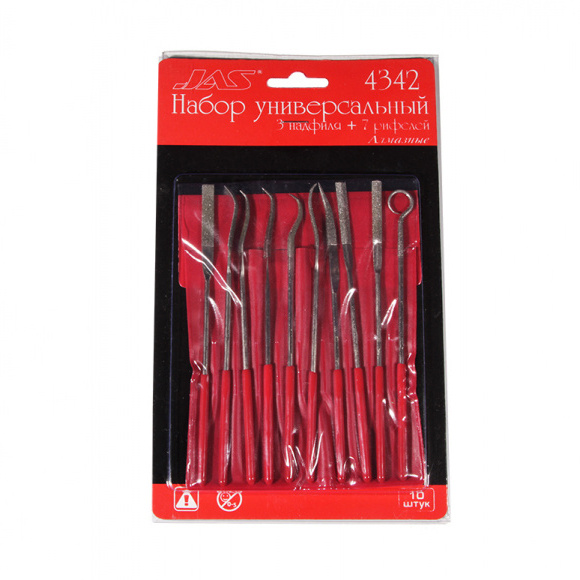 4342 JAS Set universal 3 needle files + 7 riffles, diamond, blister + case