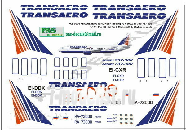 pas026 PasDecals 1/144 Decal Boeing 737-Collection Transaero