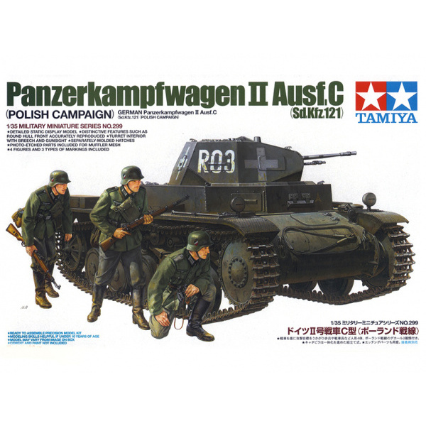 35299 Tamiya 1/35 German tank PzKw II Ausf C, Polish campaign with three figures. Stacked tracks, additional armor plates, photo etching.
