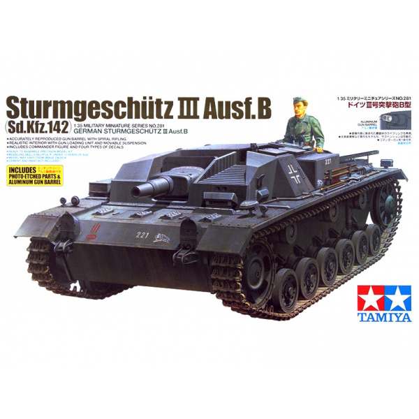 35281 Tamiya 1/35 Sturmgeschutz III Ausf.B German self-propelled 75mm gun, with a set of photo etching and a metal barrel. Included one figure.