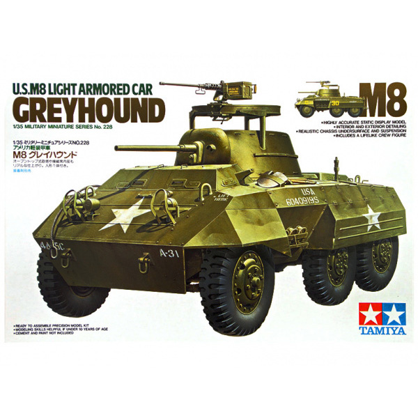 35228 Tamiya 1/35 U.S. M8 Light Armored Car Greyhound American APC 1943. with interior details and one figure.