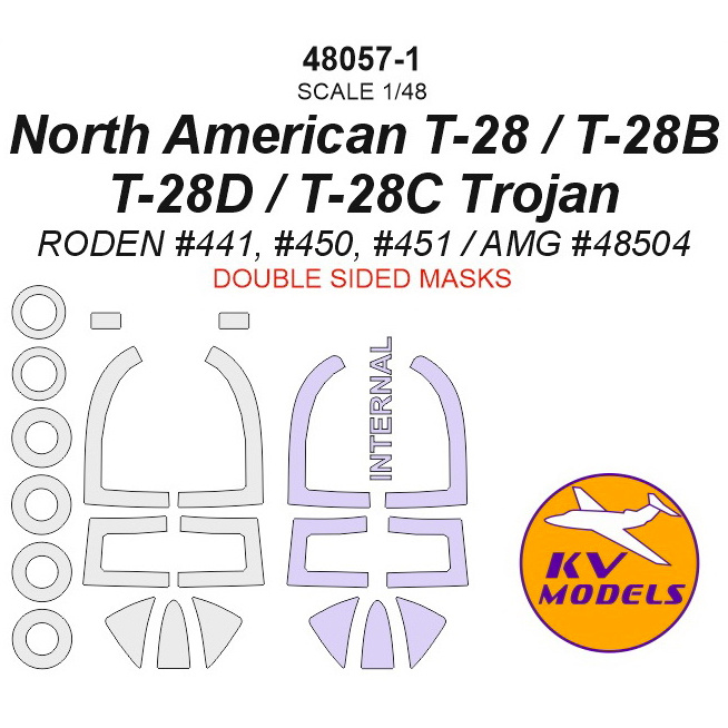 48057-1 KV Models 1/48 Paint Mask for North American T-28 / T-28B / T-28D / T-28C Trojan - Double-sided masks + masks for wheels and wheels