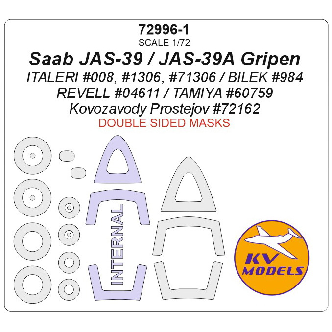 72996-1 KV Models 1/72 Paint mask for Saab JAS-39 / JAS-39A Gripen - double-sided masks + masks for wheels and wheels