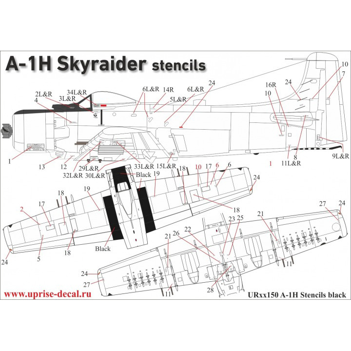 UR32150 Sunrise 1/32 Decal for A-1H Skyraider, tech. inscriptions (black)