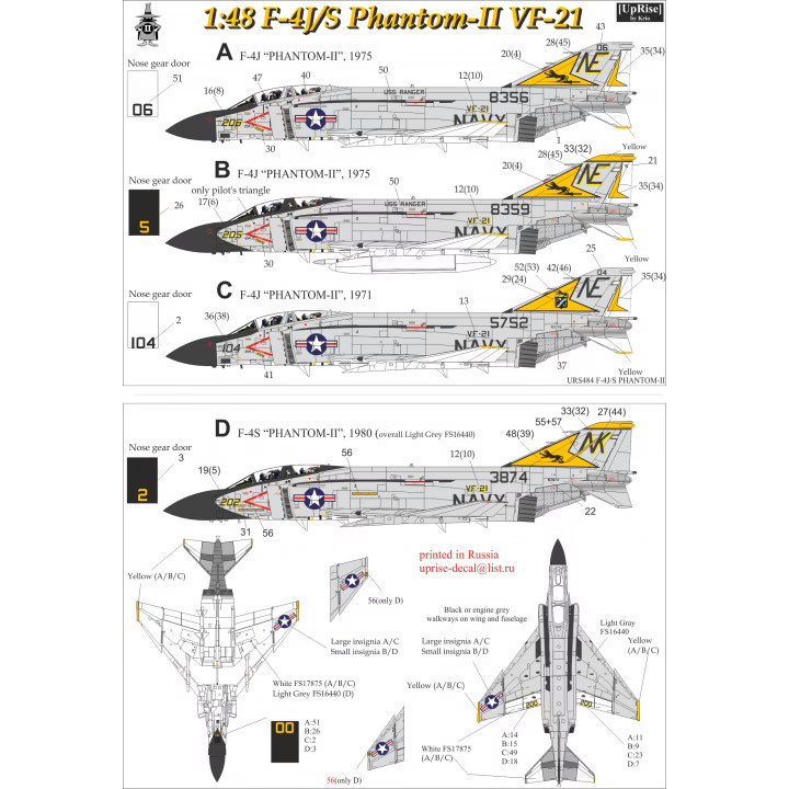 URS484 Sunrise 1/48 Decal for F-4J/S Phantom-II VF-21, without those. inscriptions	